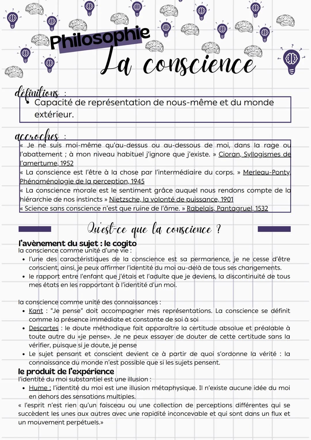 =
Philosophie
définitions
:
La conscience
Capacité de représentation de nous-même et du monde
extérieur.
accroches:
«Je ne suis moi-même qu'