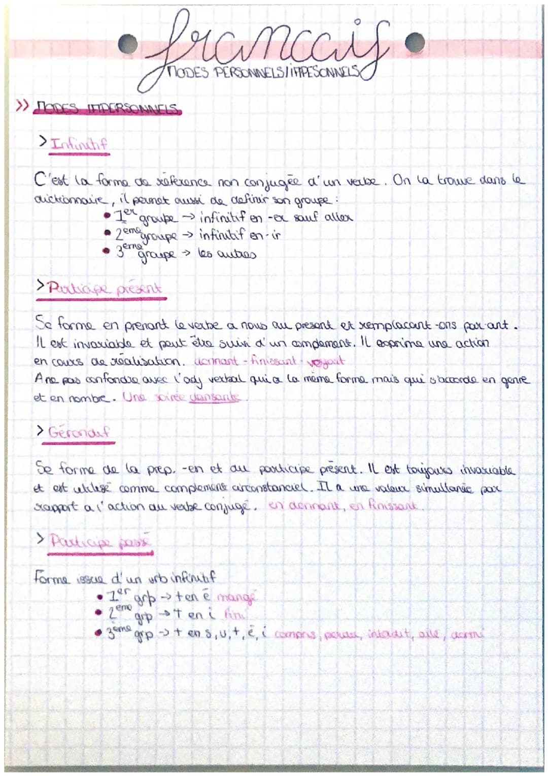 •francais
MODES PERSONNELS /IFPESONNELS
>> MODES INPERSONNELS
>Infinitif
C'est la forme de reference non conjugée d'un verbe. On la trouve d
