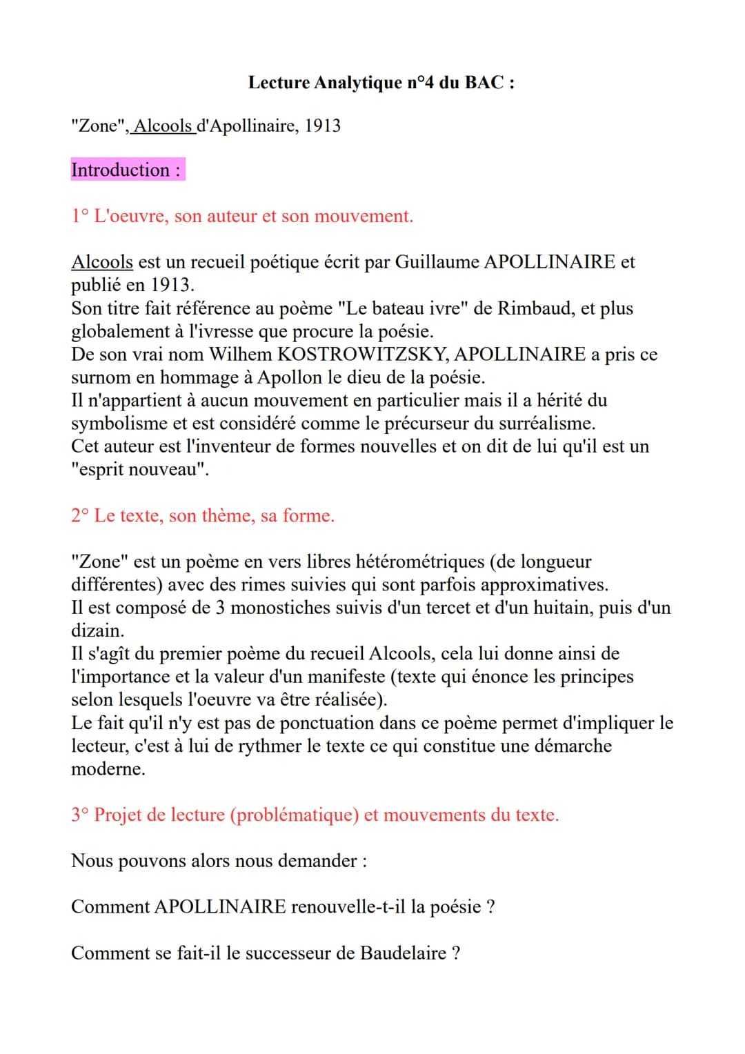 Lecture Analytique n°4 du BAC :
"Zone", Alcools d'Apollinaire, 1913
Introduction :
1° L'oeuvre, son auteur et son mouvement.
Alcools est un 
