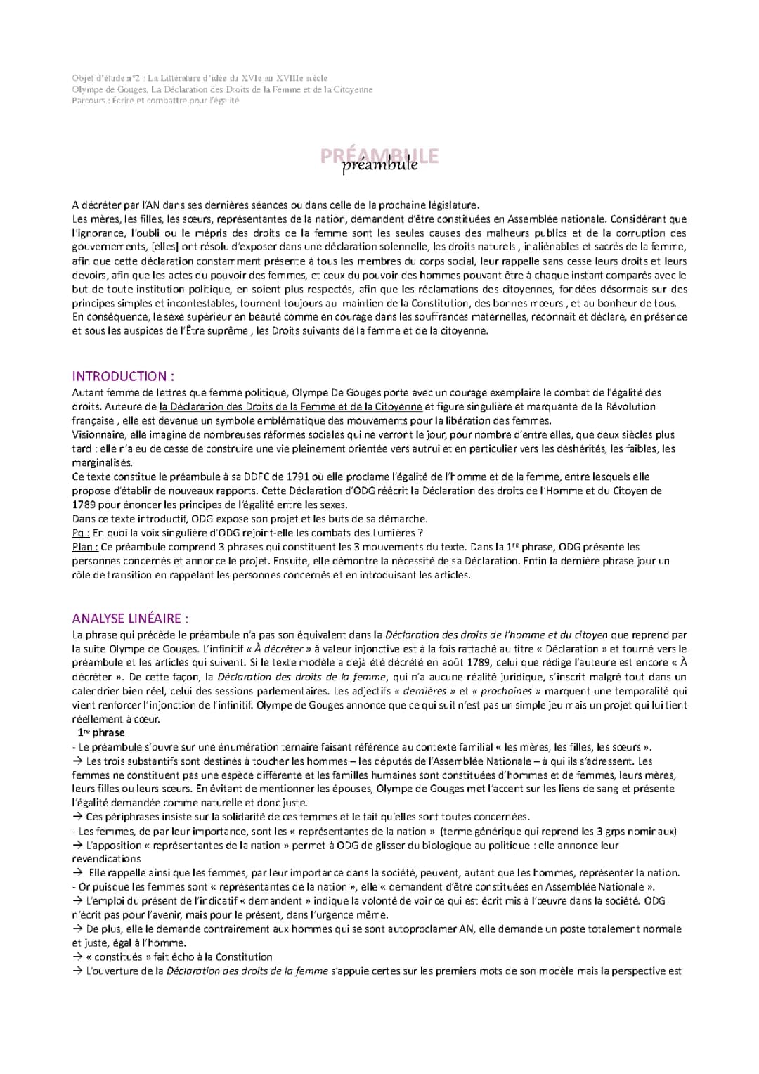 Analyse linéaire du Préambule de la Déclaration des droits de la femme et de la citoyenne d'Olympe de Gouges (PDF)