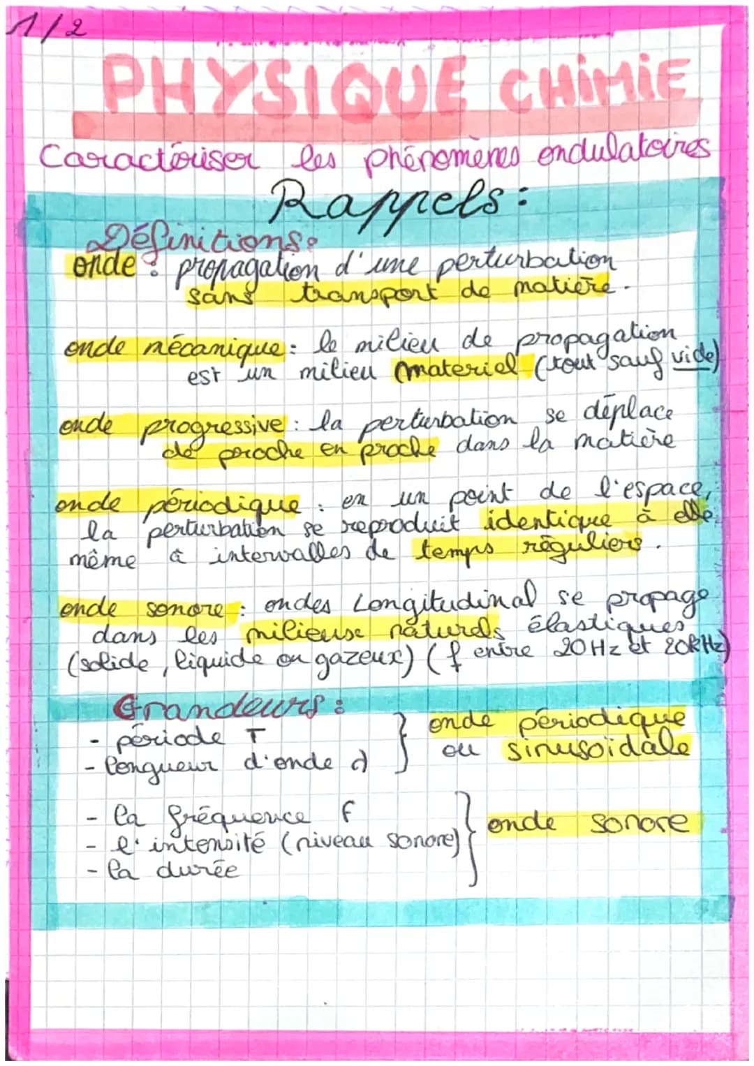 1/2
PHYSIQUE CHIMIE
Caractériser les phénomenes ondulatoires
Rappels:
Définitions
onde propagation d'une perturbation
transport de matière.
