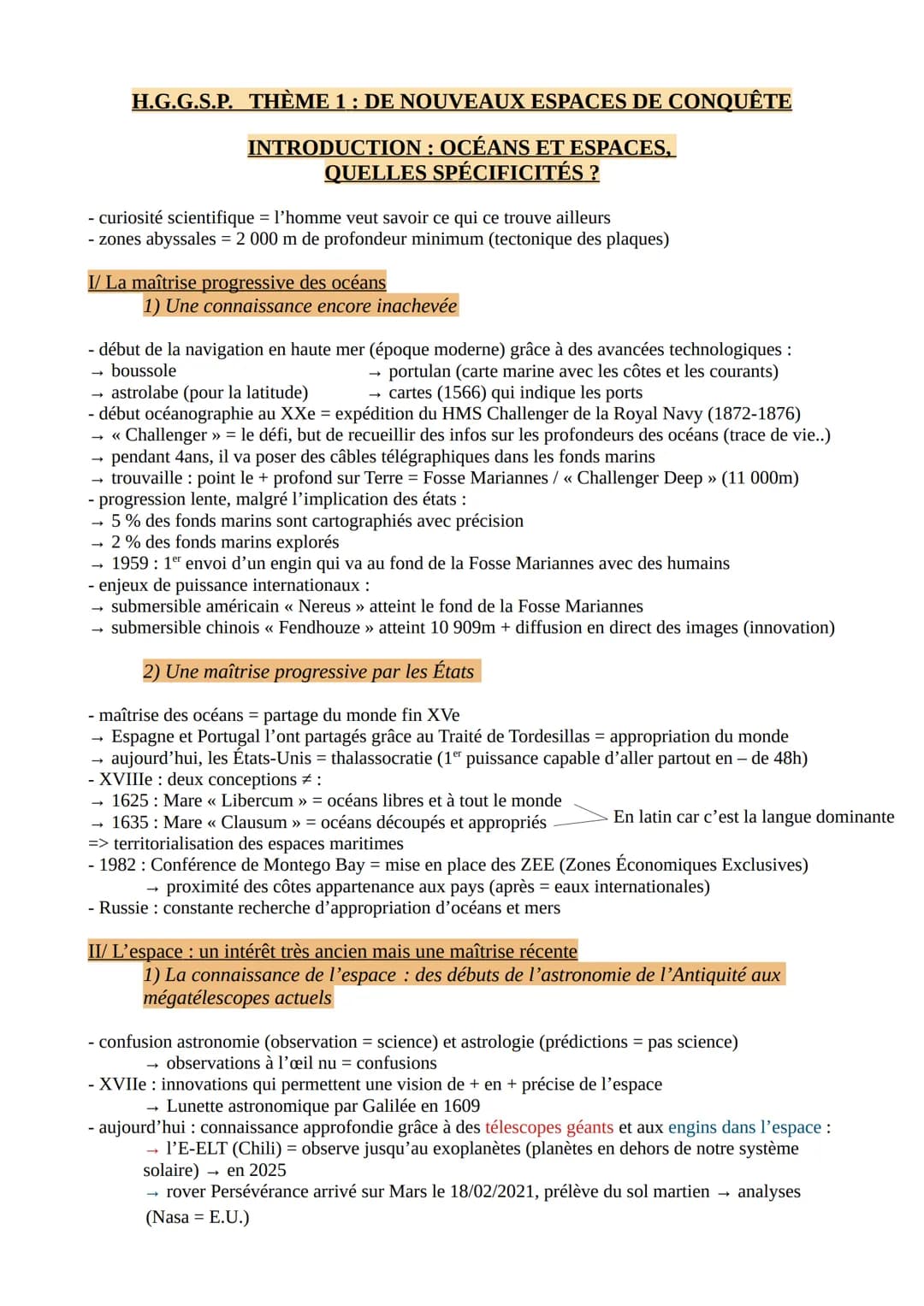 H.G.G.S.P. THÈME 1 : DE NOUVEAUX ESPACES DE CONQUÊTE
INTRODUCTION : OCÉANS ET ESPACES,
QUELLES SPÉCIFICITÉS ?
- curiosité scientifique = l'h