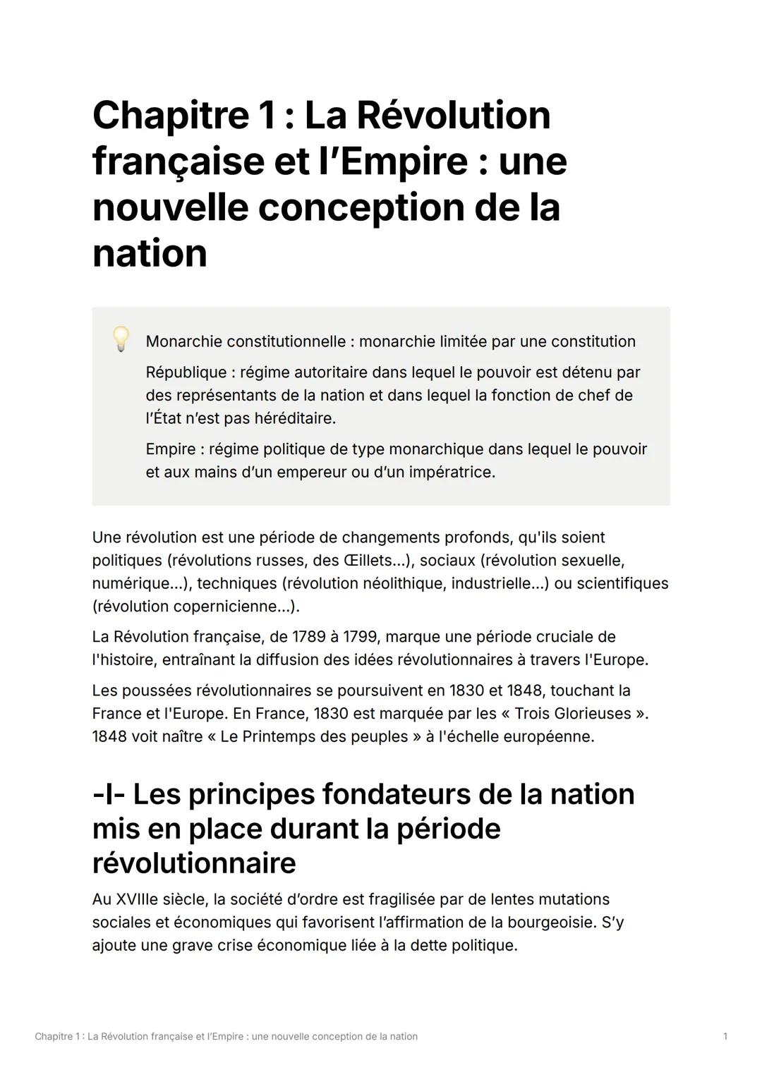 Chapitre 1: La Révolution
française et l'Empire : une
nouvelle conception de la
nation
Monarchie constitutionnelle : monarchie limitée par u