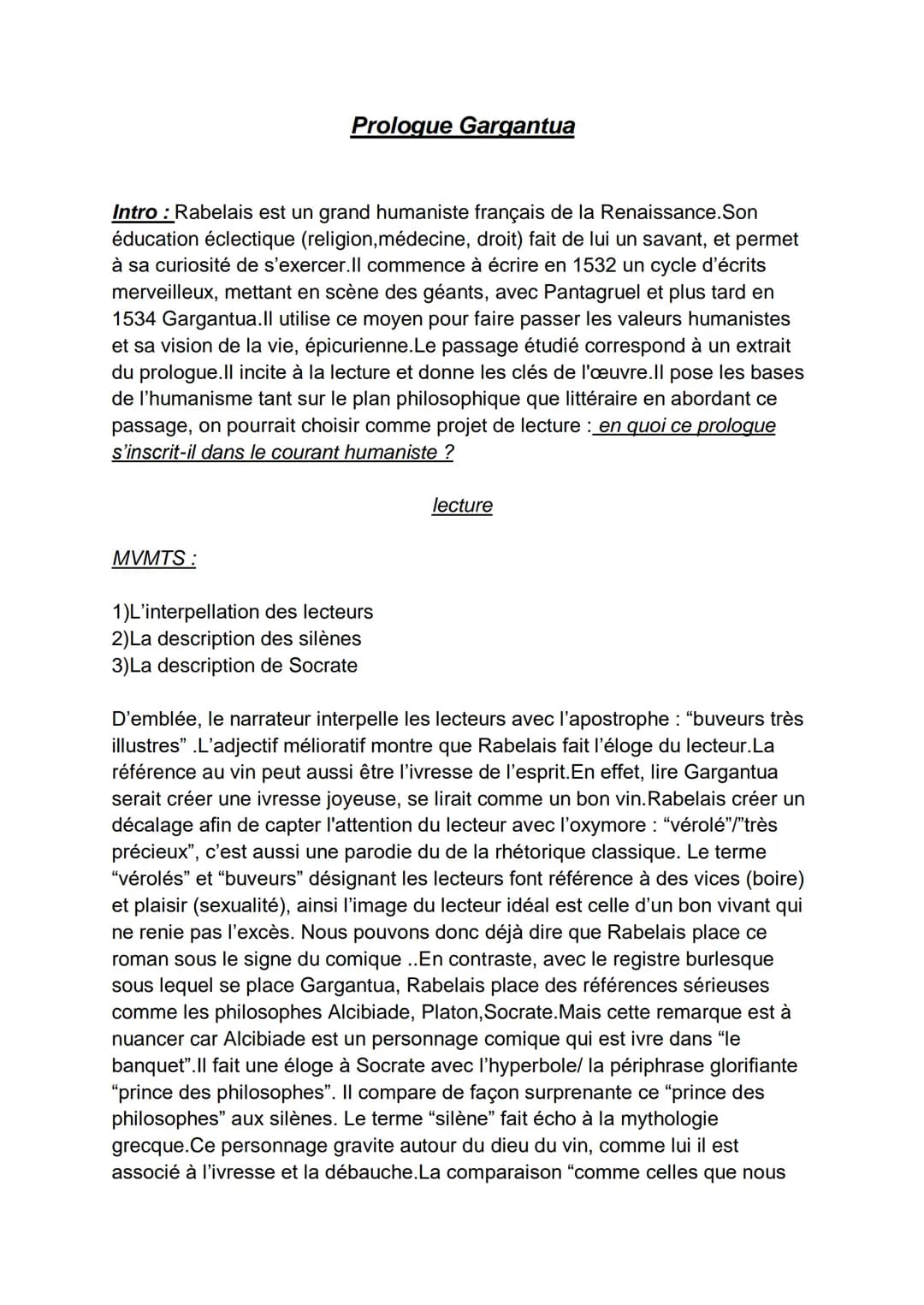 Prologue Gargantua
Intro : Rabelais est un grand humaniste français de la Renaissance.Son
éducation éclectique (religion, médecine, droit) f