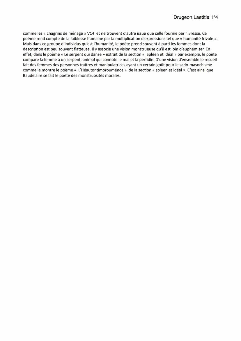 Dissertation
Drugeon Laetitia 1°4
<< Tu m'as donné ta boue et j'en ai fait de l'or » écrit Charles Baudelaire dans le dernier vers de « ébau
