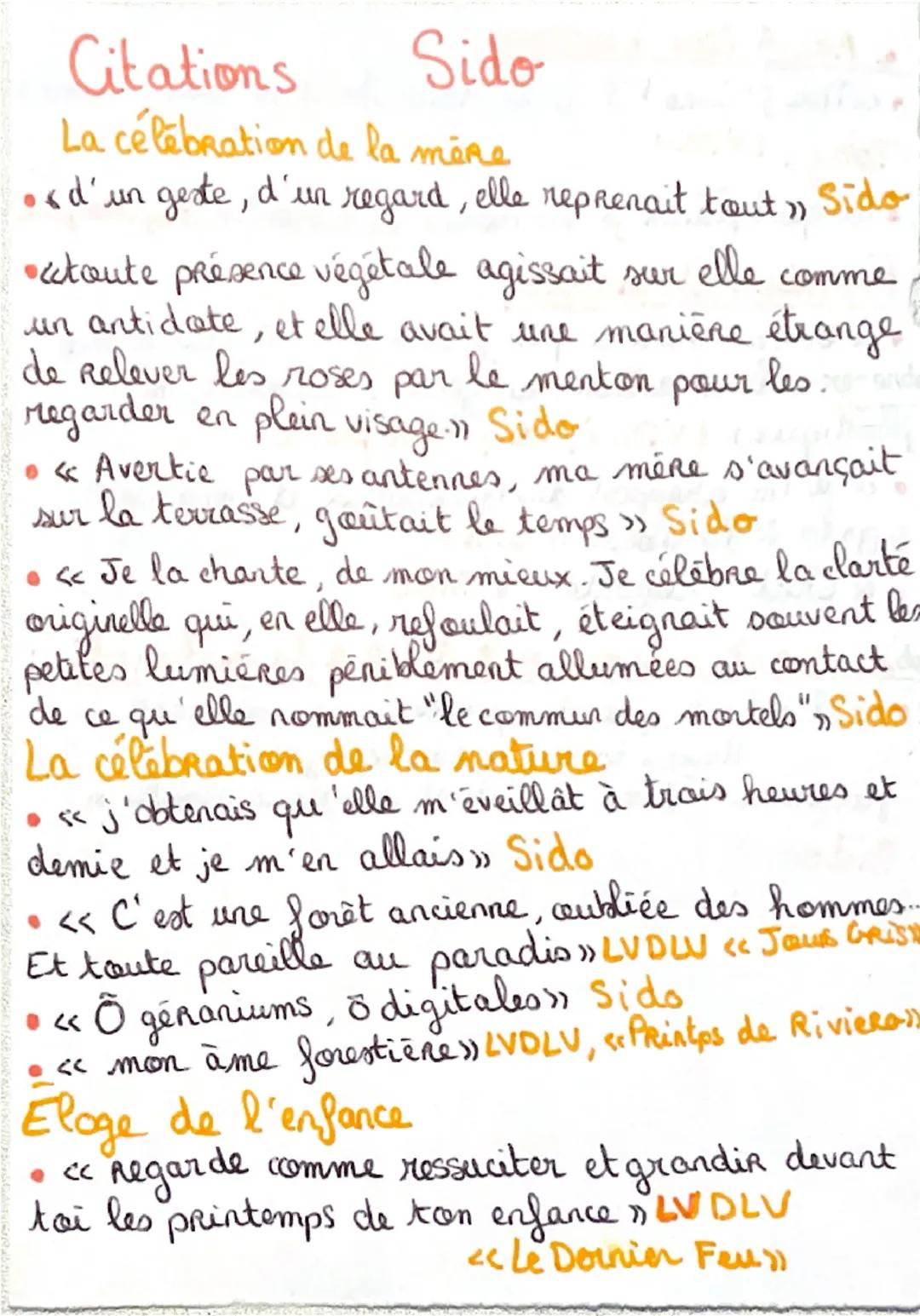 Citations
Sido-
La célébration de la mère
• d'un geste, d'un regard, elle reprenait tout »
elle
Sido
comme
• toute présence végétale agissai