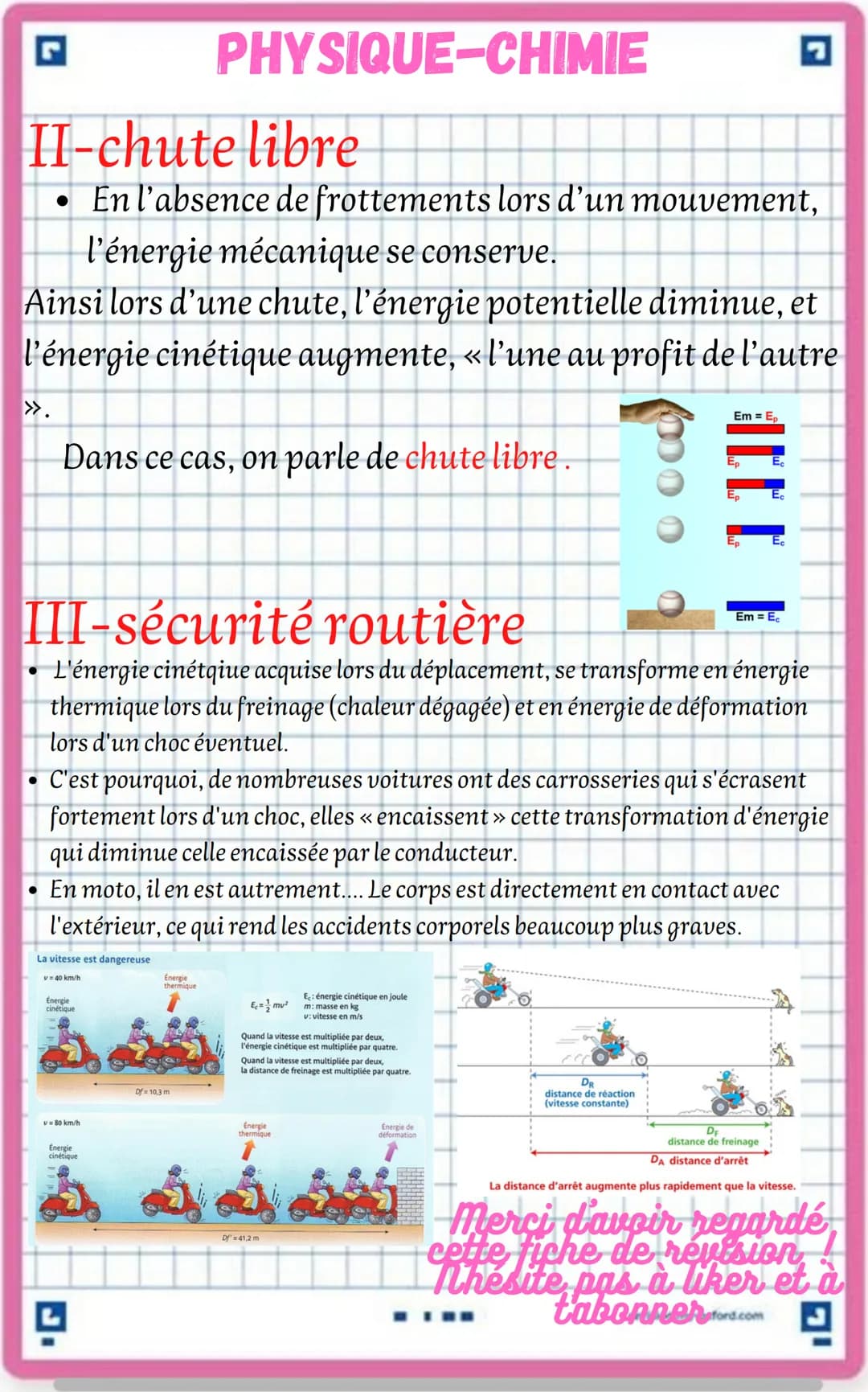 I-définition et formule
L'énergie mécanique (Em) est liée au mouvement
L'énergie cinétique (Ec) est plus particulièrement
liée à la vitesse 