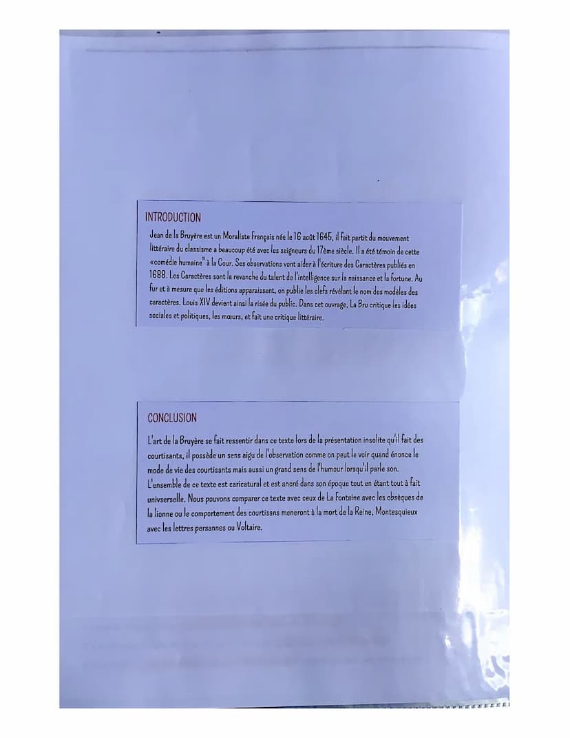 Les mouvements:
5
La littérature d'idées du XVI° siècle au XVIIIe siècle
TEXTE 1
La Bruyère, Les Caractères, extrait du chapitre « De la Cou