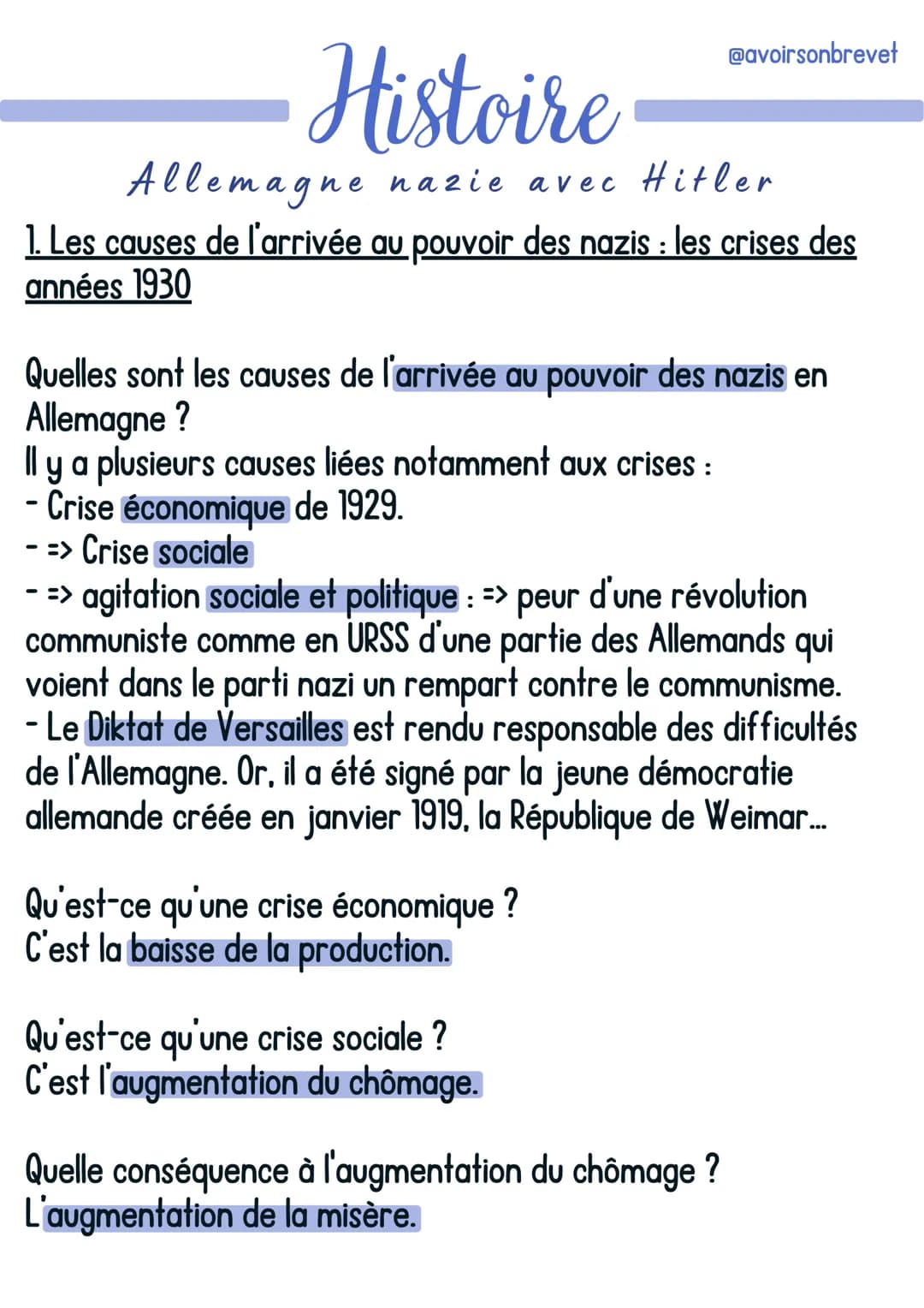 Histoire
Allemagne nazie avec Hitler
1. Les causes de l'arrivée au pouvoir des nazis : les crises des
années 1930
@avoirsonbrevet
Quelles so