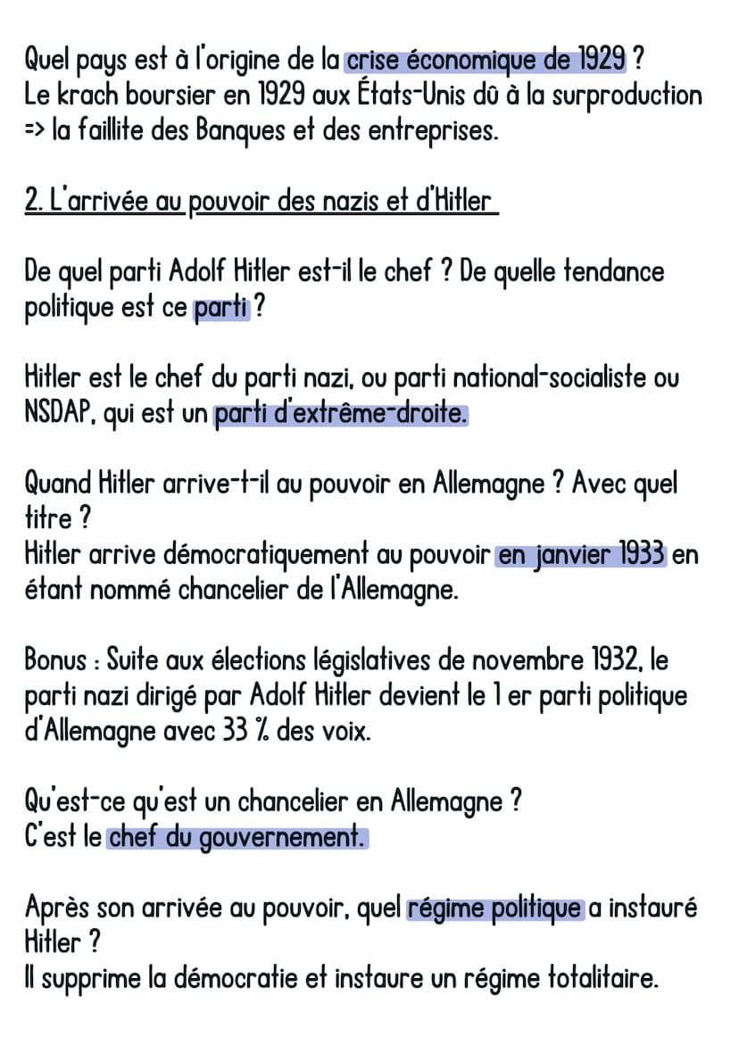 Histoire
Allemagne nazie avec Hitler
1. Les causes de l'arrivée au pouvoir des nazis : les crises des
années 1930
@avoirsonbrevet
Quelles so