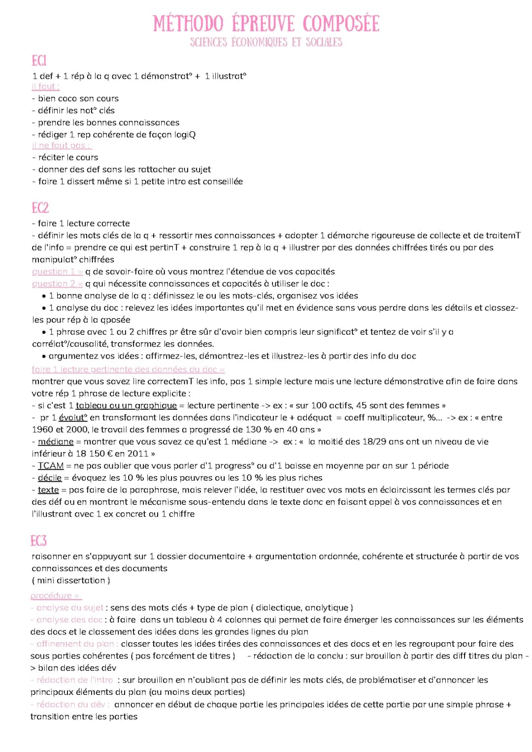 Méthodologie Épreuve Composée SES - EC1 EC2 EC3 Exemples Corrigés PDF