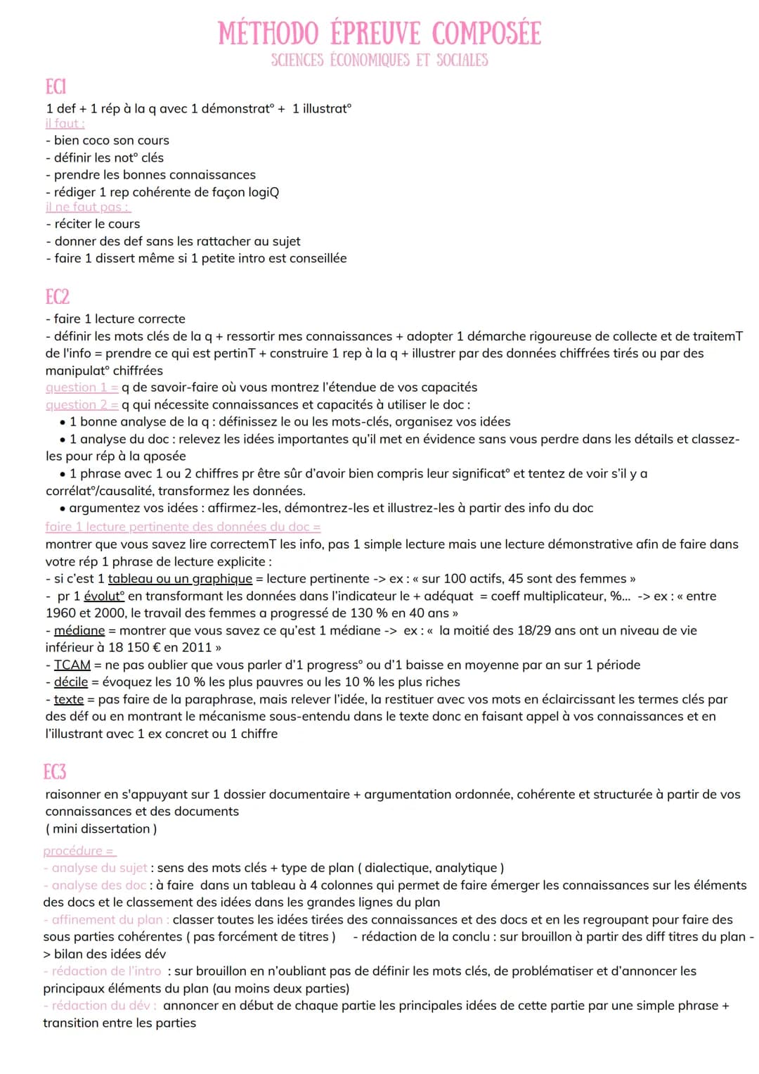 MÉTHODO ÉPREUVE COMPOSÉE
SCIENCES ÉCONOMIQUES ET SOCIALES
EC1
1 def + 1 rép à la q avec 1 démonstrat° + 1 illustratᵒ
il faut :
- bien coco s