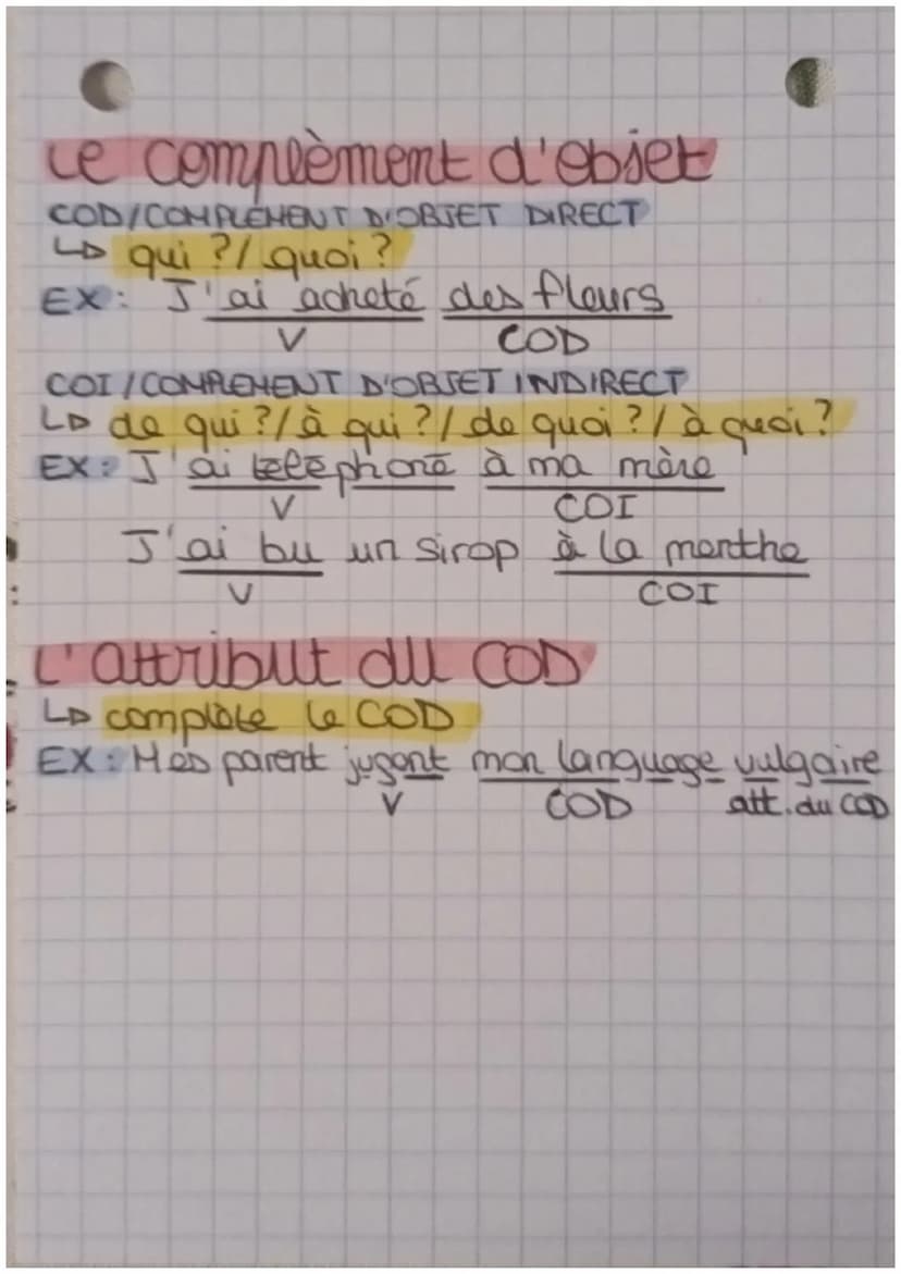 Les FONCTIONS
le sujet
4 fait l'action
co
les ce qui ?
LD pose la question qui, qu'es
EX: Je mange du pain
S
Verbe
(attribut du sujet
LD com