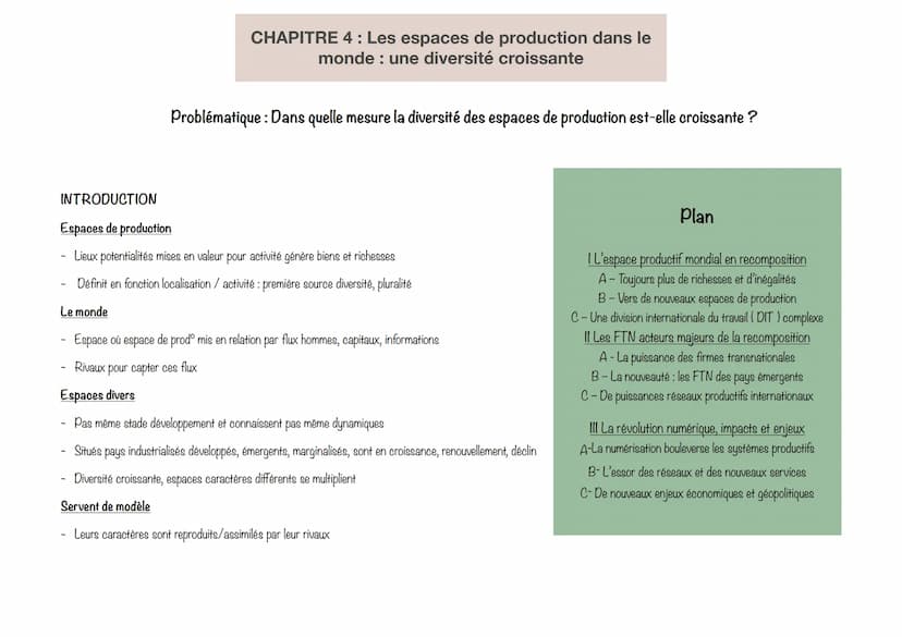 FICHE GÉOGRAPHIE THÈME 2:
Une diversification des espaces et des acteurs de la
production
Introduction
Diversification espaces/acteurs
- mul