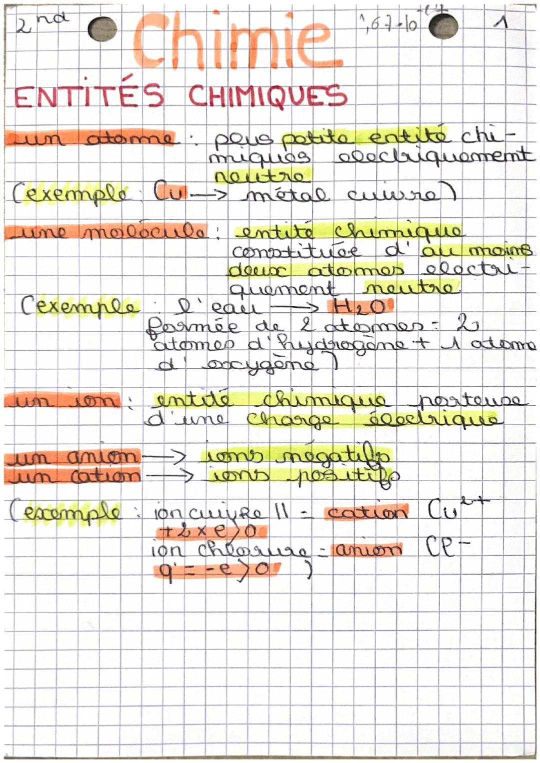 no
2
Chimie
ENTITÉS CHIMIQUES
un atome
atome: plus petite entite chi-
miques electriquement
neutre
Cexemple Cu -> métal cuivre)
une molécule