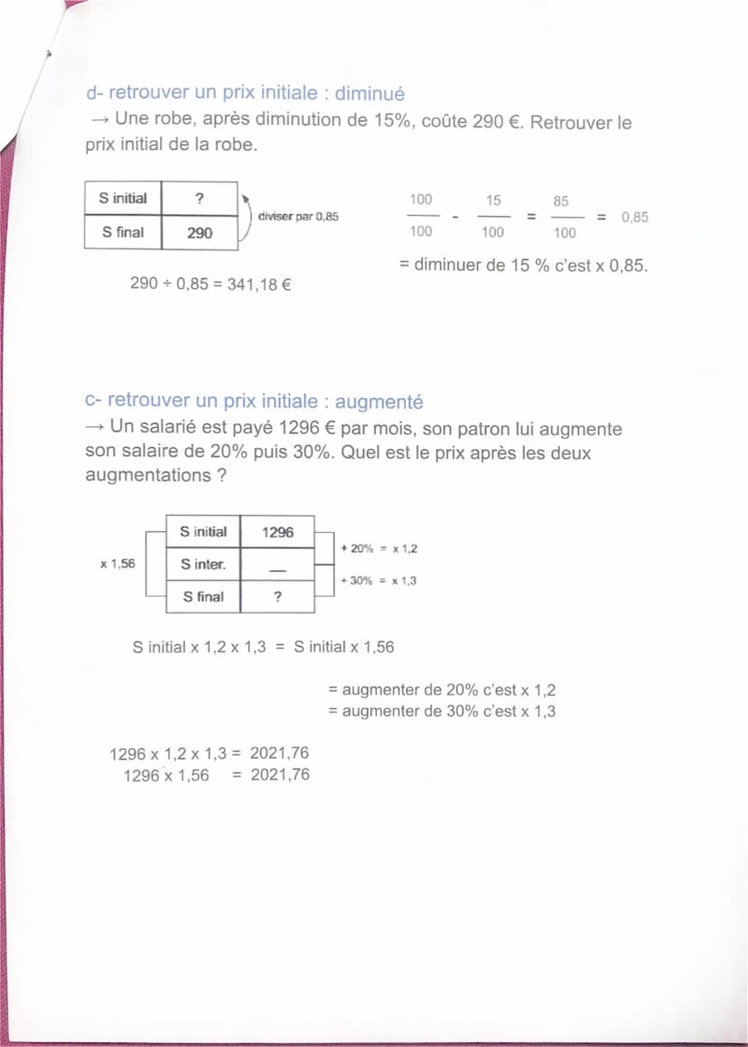 Chap 4 =
1) Pourcentages
a- appliquer un pourcentage
→ Augmenter de 20% une chemise à 130 €
20 100 x 130 = 156 €
b- calculer un pourcentage
