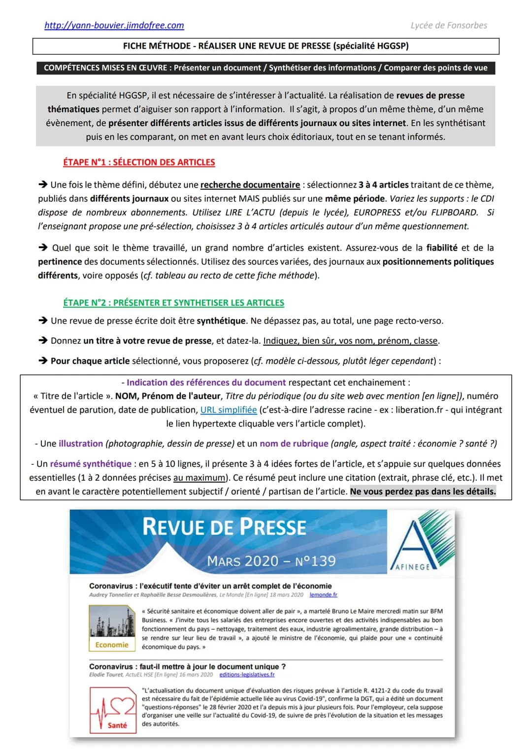 http://yann-bouvier.jimdofree.com
FICHE MÉTHODE - RÉALISER UNE REVUE DE PRESSE (spécialité HGGSP)
COMPÉTENCES MISES EN ŒUVRE : Présenter un 