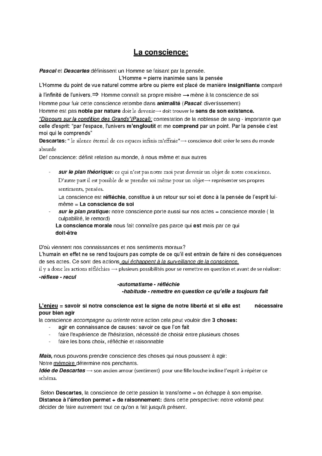 Sujet Philo Conscience Corrigé - Fiche PDF La Conscience Philosophie Terminale