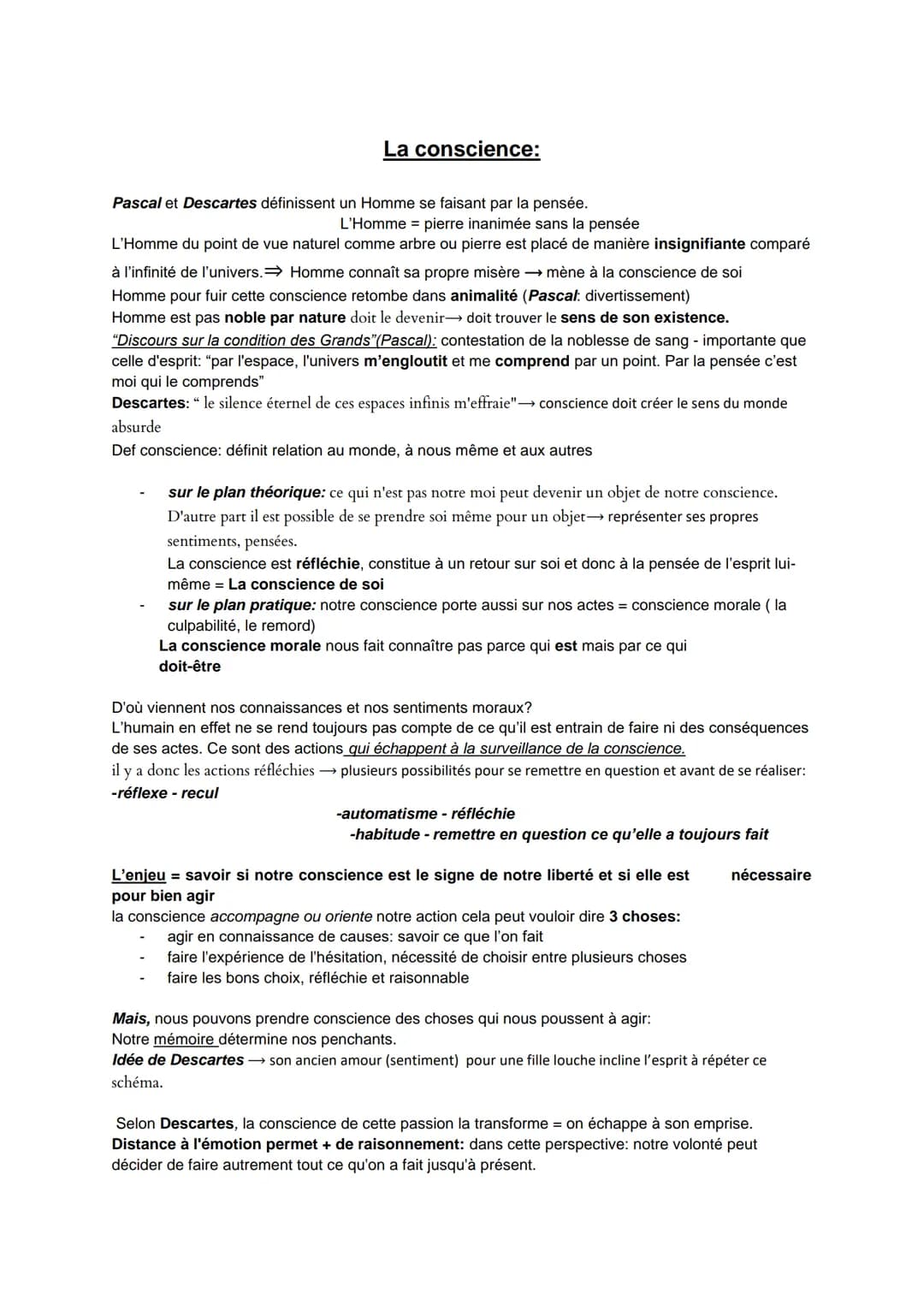 La conscience:
Pascal et Descartes définissent un Homme se faisant par la pensée.
L'Homme = pierre inanimée sans la pensée
L'Homme du point 