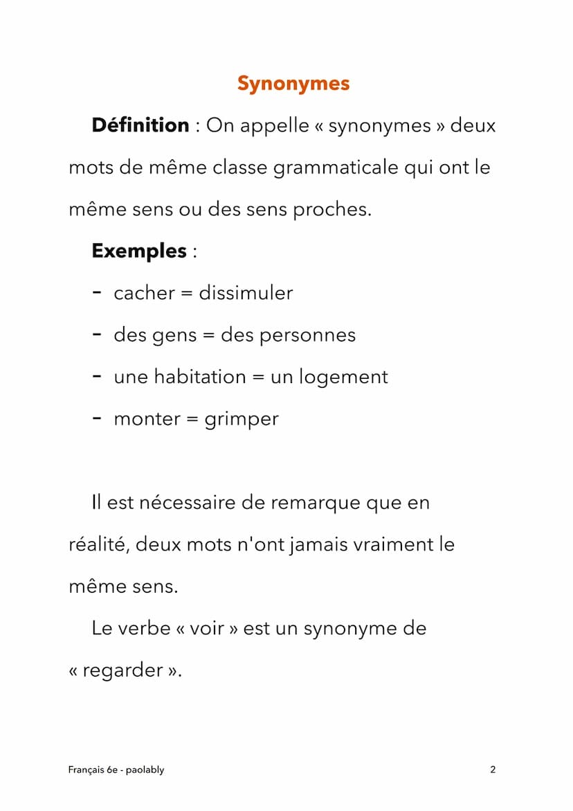 Français 6e
Synonymes et antonymes
Français 6e - paolably
@paolably
knowunity
1 Synonymes
Définition: On appelle « synonymes >> deux
mots de