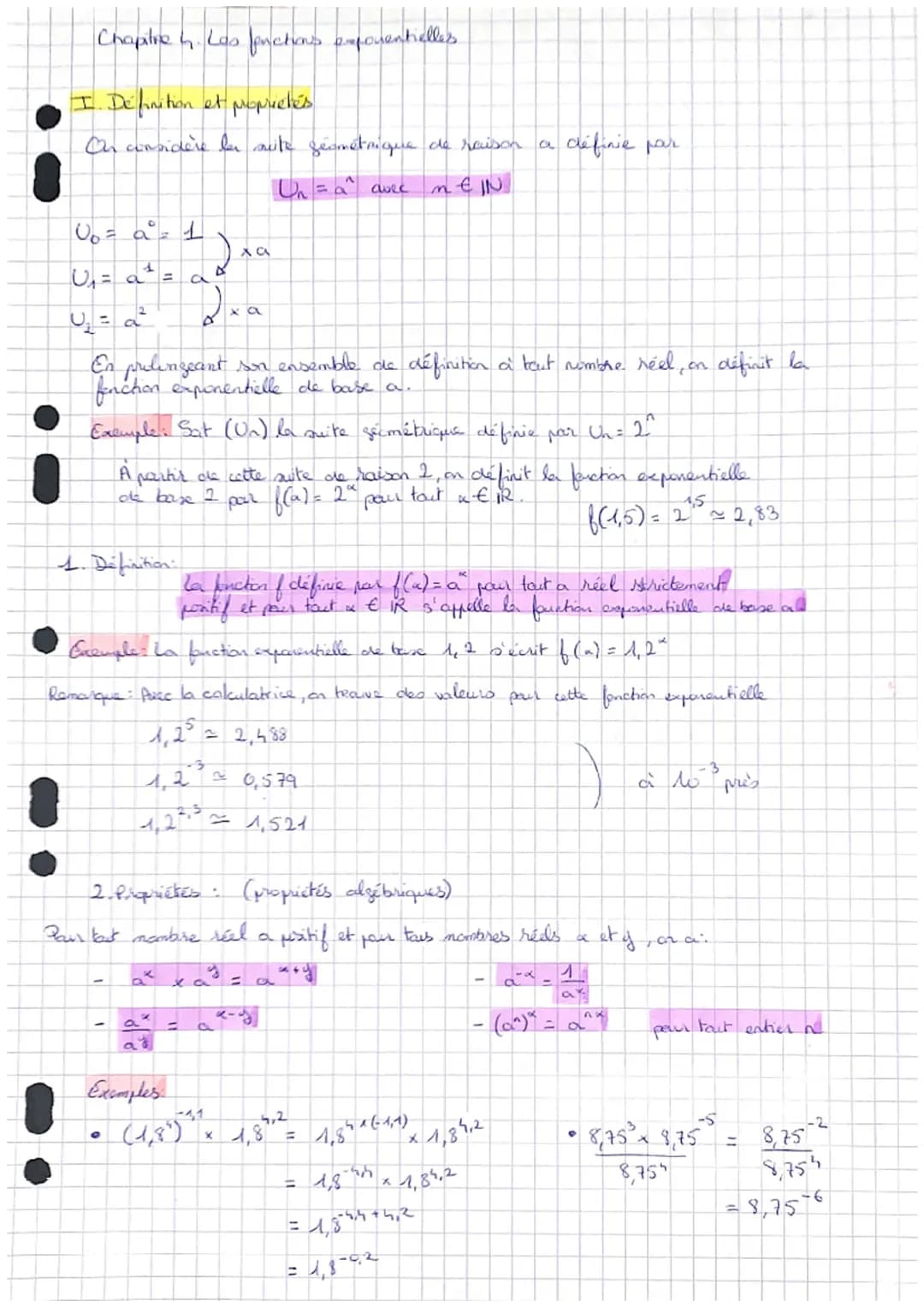 Chapitre 4. Les pactions exponentielles
I. Definition et proprietés
Or considère les site géométrique de raison
U₁ = a^ avec
MEIN
U₁= a ² =
