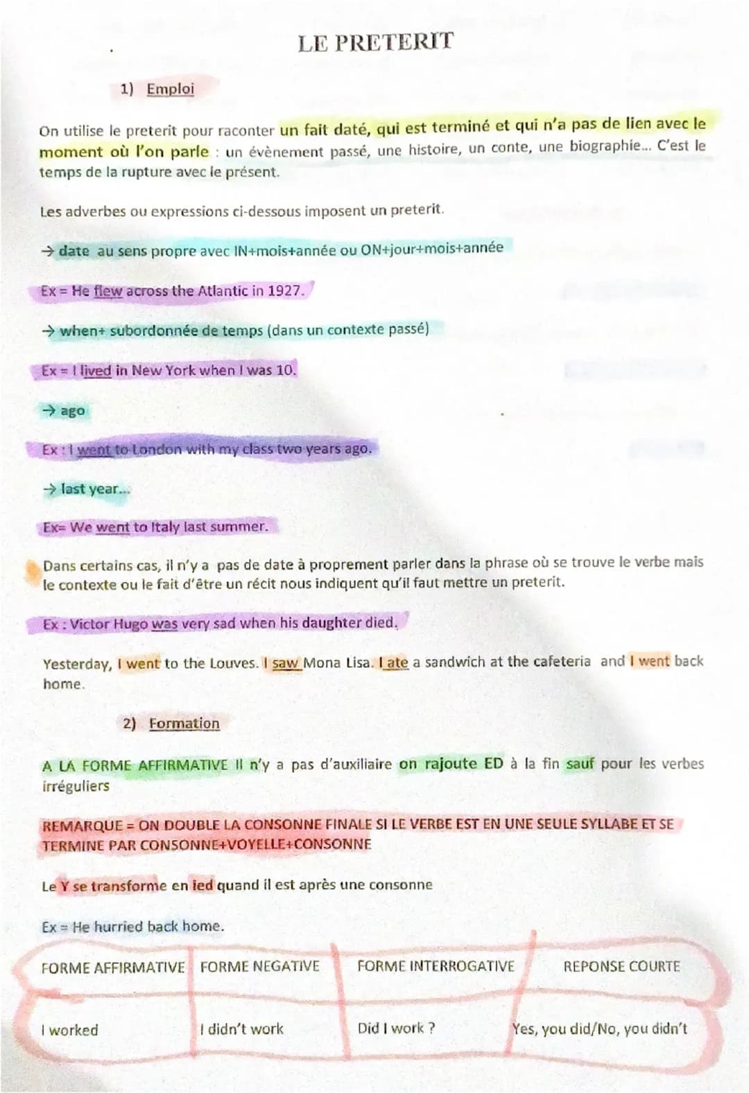 --- OCR Start ---
1) Emploi
LE PRETERIT
On utilise le preterit pour raconter un fait daté, qui est terminé et qui n'a pas de lien avec le
mo