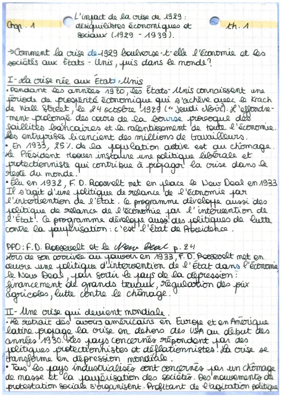 Chap 1
L'impact de la crise de 1929:
désiquilibres économiques et
sociaux (1929 - 1939).
th. 1
Comment la crise de 1929 boulverse-t-elle l'é