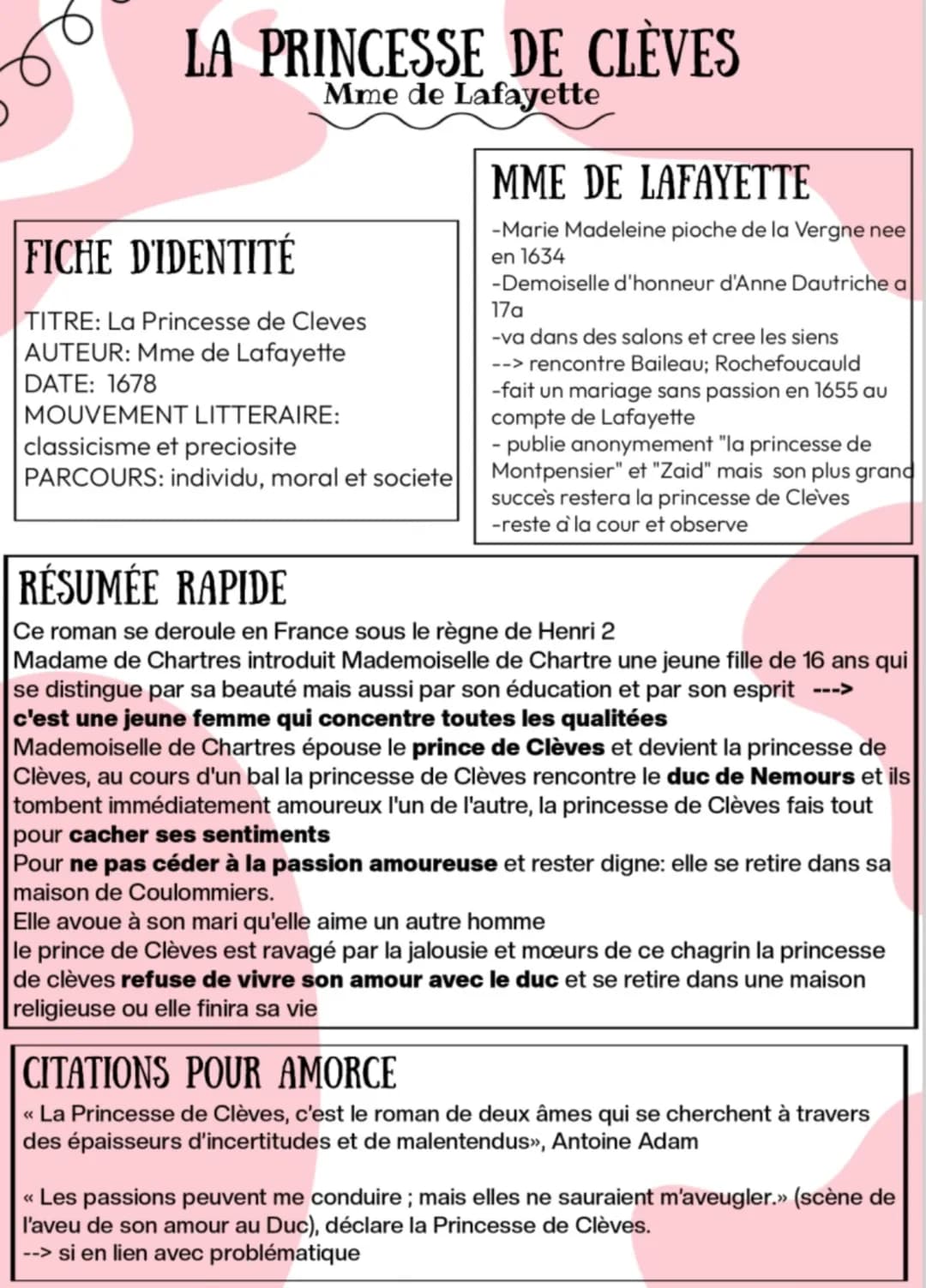 fiche révision princesse de cleve 