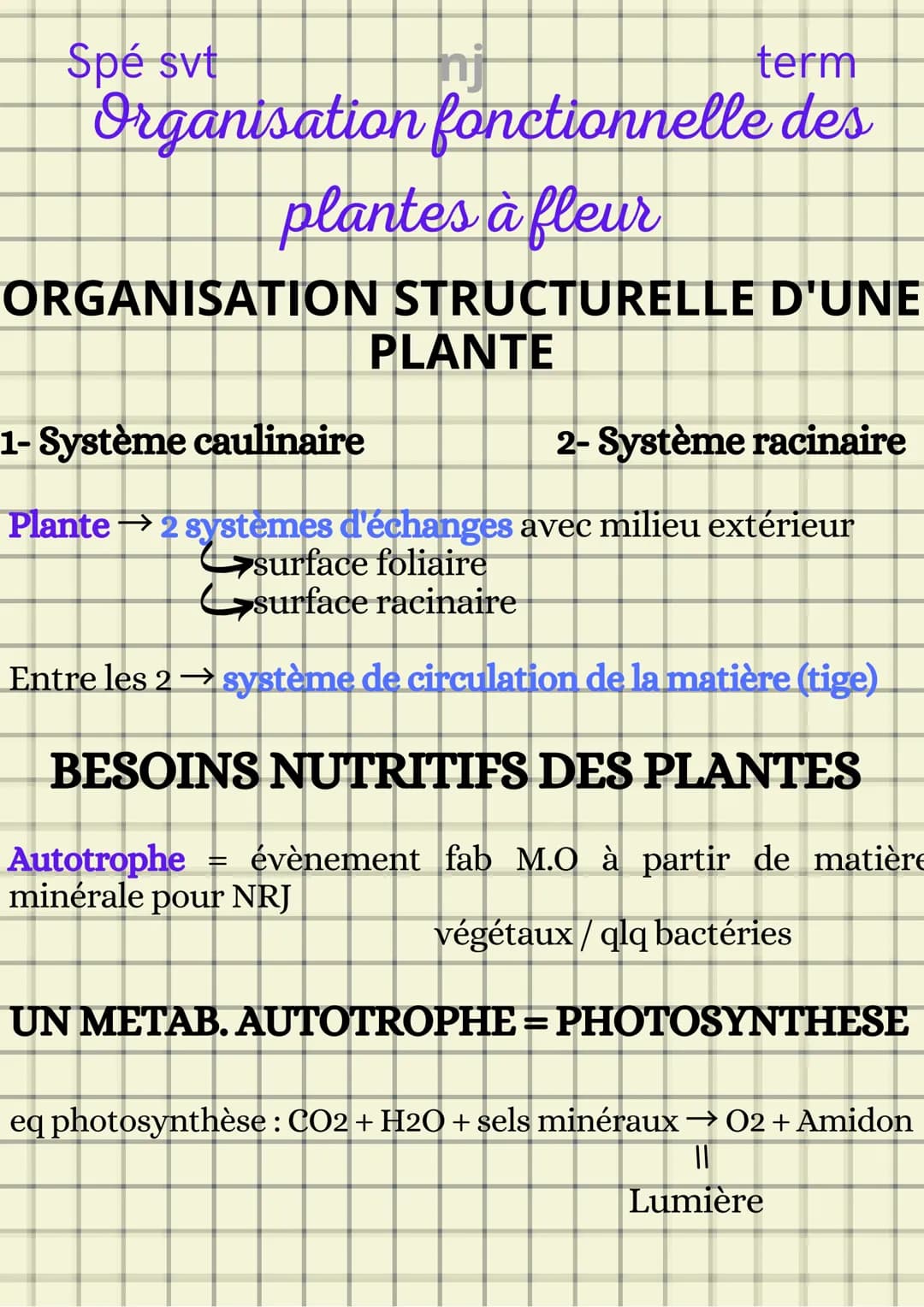 Spé svt
term
Organisation fonctionnelle des
plantes à fleur
ORGANISATION STRUCTURELLE D'UNE
PLANTE
1- Système caulinaire
2- Système racinair