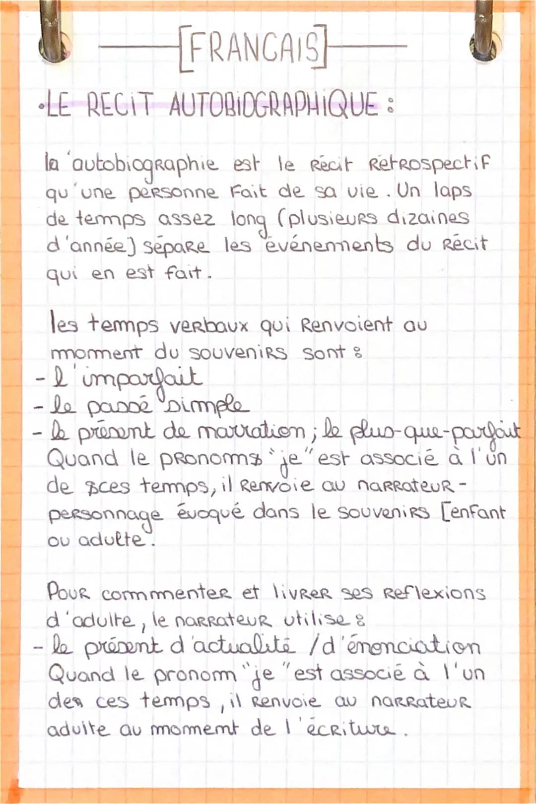 [FRANCAIS
LE RECIT AUTOBIOGRAPHIQUE :
la autobiographie est le Récit Retrospectif
qu'une personne Fait de sa vie. Un laps
de temps assez lon