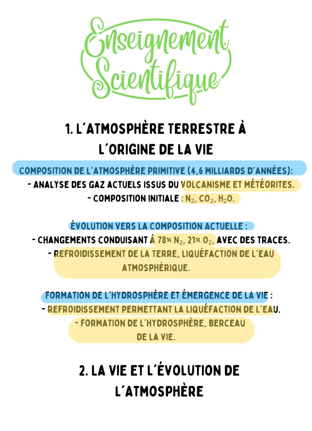 Enseignement
Scientifique
1. L'ATMOSPHÈRE TERRESTRE À
L'ORIGINE DE LA VIE
COMPOSITION DE L'ATMOSPHÈRE PRIMITIVE (4,6 MILLIARDS D'ANNÉES):
-A