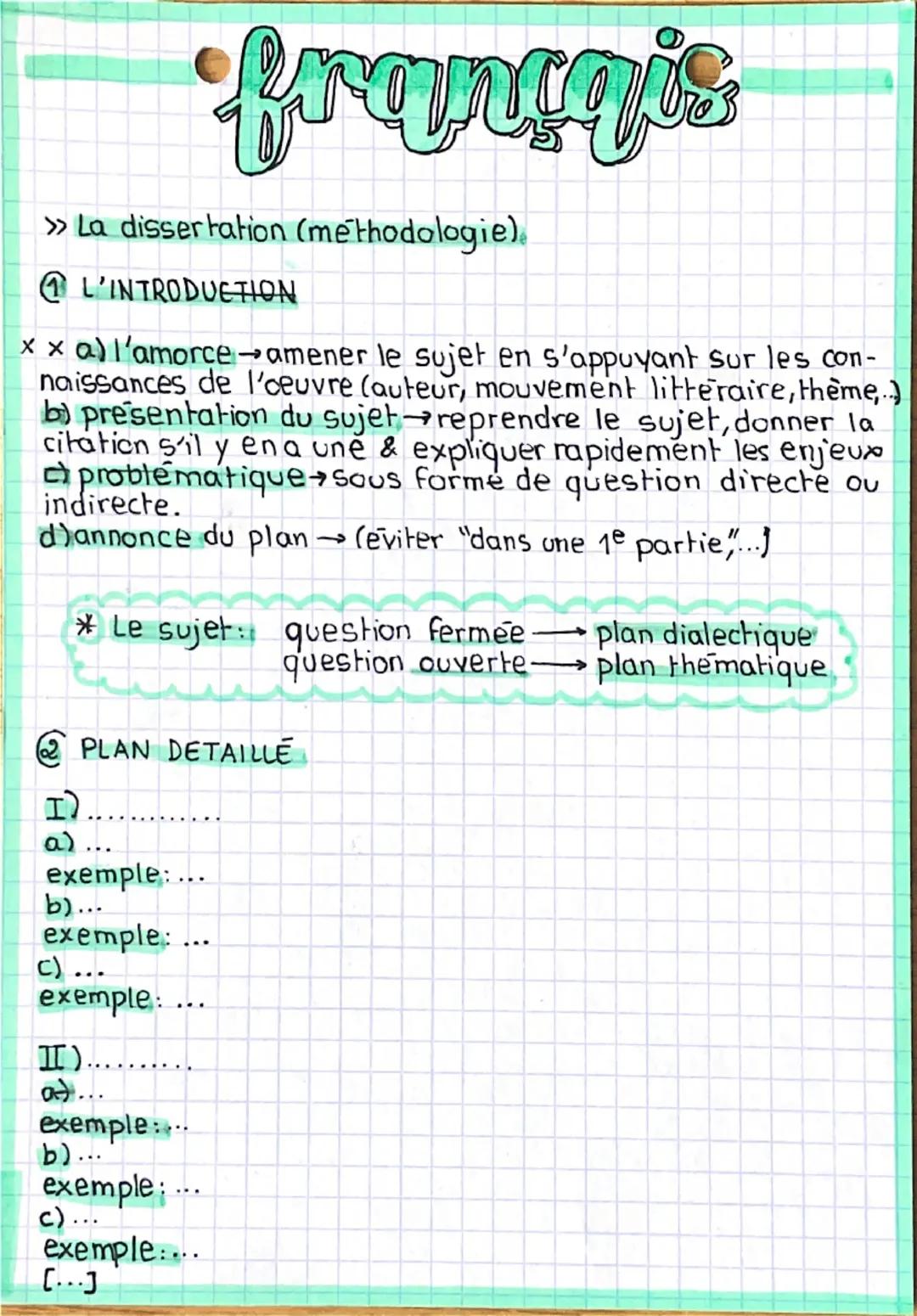 français
>> La dissertation (methodologie).
L'INTRODUCTION
xx a) l'amorce→amener le sujet en s'appuyant sur les con-
naissances de l'oeuvre 