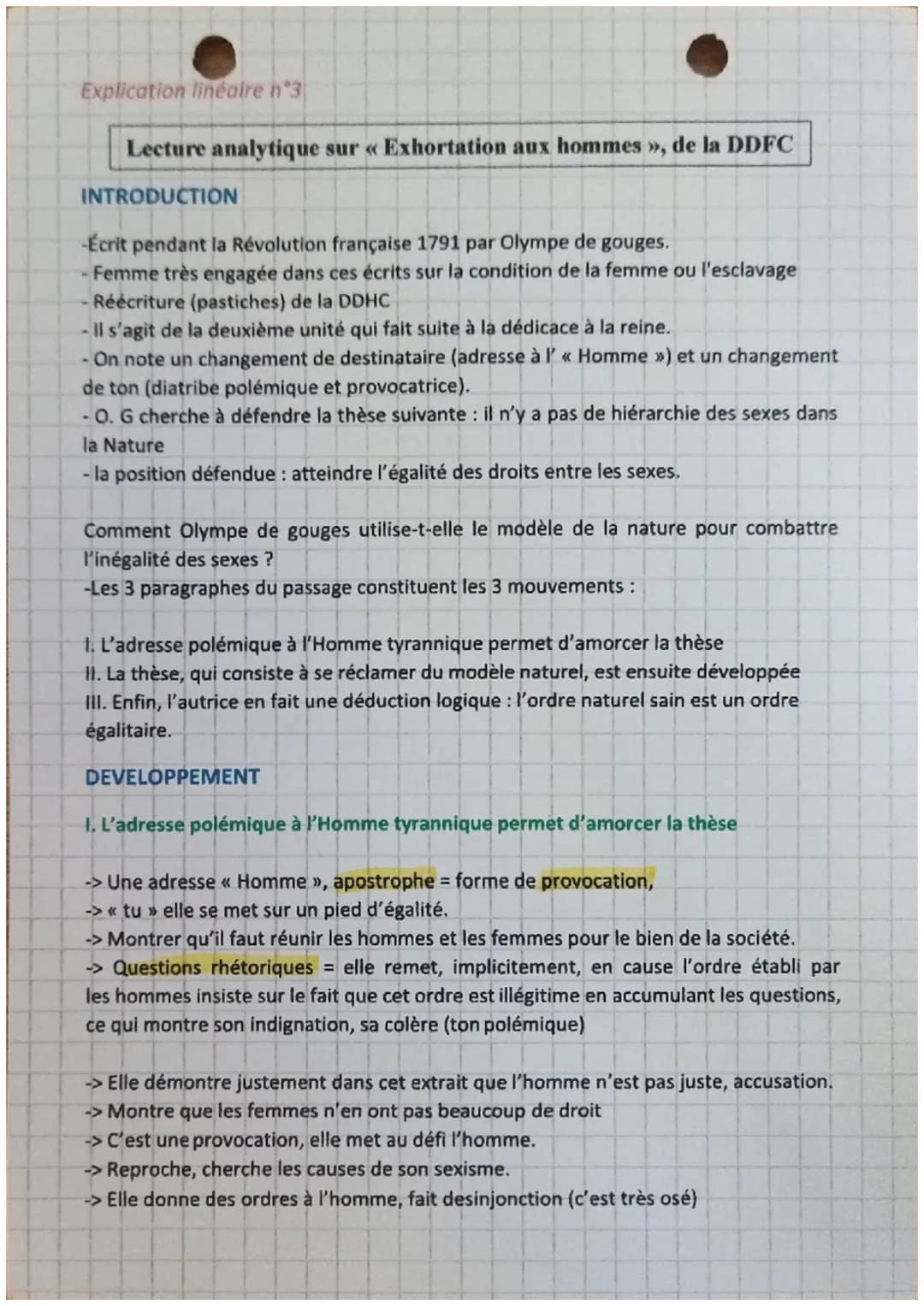 Explication linéaire n°3
Lecture analytique sur « Exhortation aux hommes », de la DDFC
INTRODUCTION
-Écrit pendant la Révolution française 1