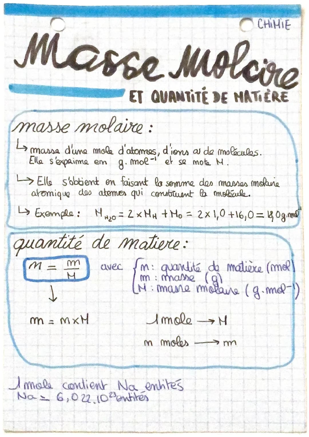 Masse molcire
ET QUANTITÉ DE MATIÈRE
masse molaire:
↳ masse d'une mole d'atomes, d'ions as de molécules.
Elle s'expaime em g. mol-1 et se mo