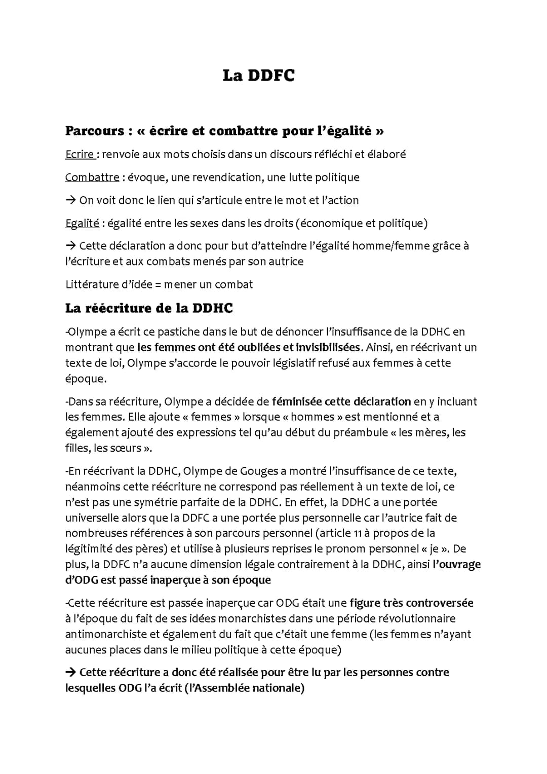 Fiche Lecture : Déclaration des Droits de la Femme PDF - Résumé et Analyse d'Olympe de Gouges