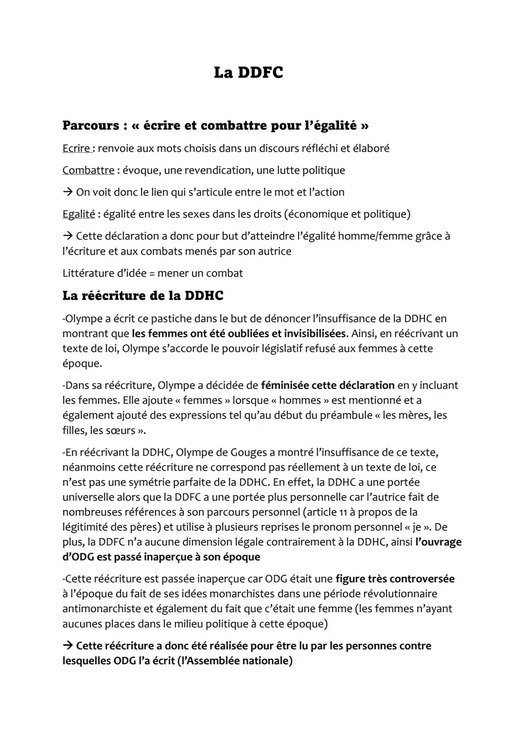 La DDFC
Parcours : « écrire et combattre pour l'égalité »
Ecrire : renvoie aux mots choisis dans un discours réfléchi et élaboré
Combattre: 