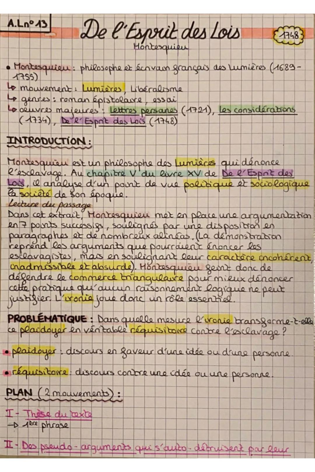 Analyse de l'esclavage des nègres dans l'Esprit des Lois de Montesquieu