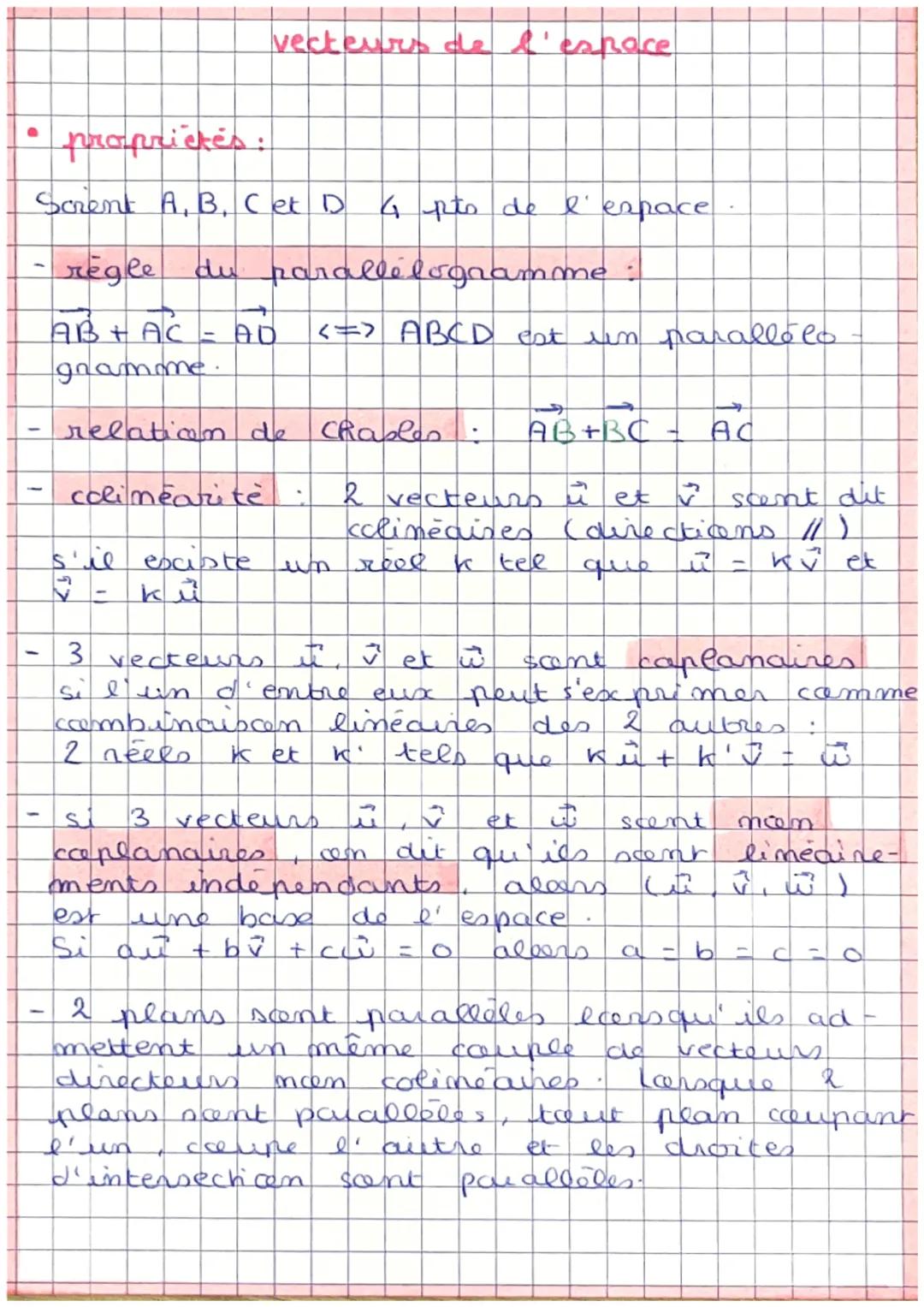 # vecteurs de l'espace

- propriétés:

Scrent A, B, C et D 4 pts de l'espace.

- règle du parallélogramme :

$
\overrightarrow{AB}+ \overrig