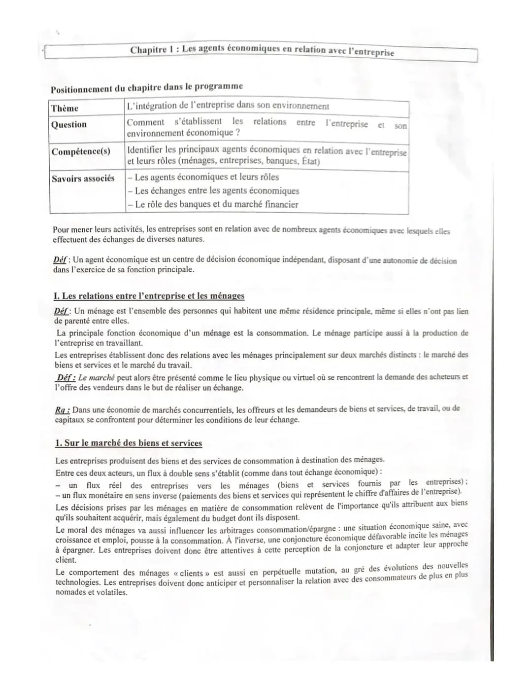 BTS cejm, Les agents économiques en relation avec l’entreprise