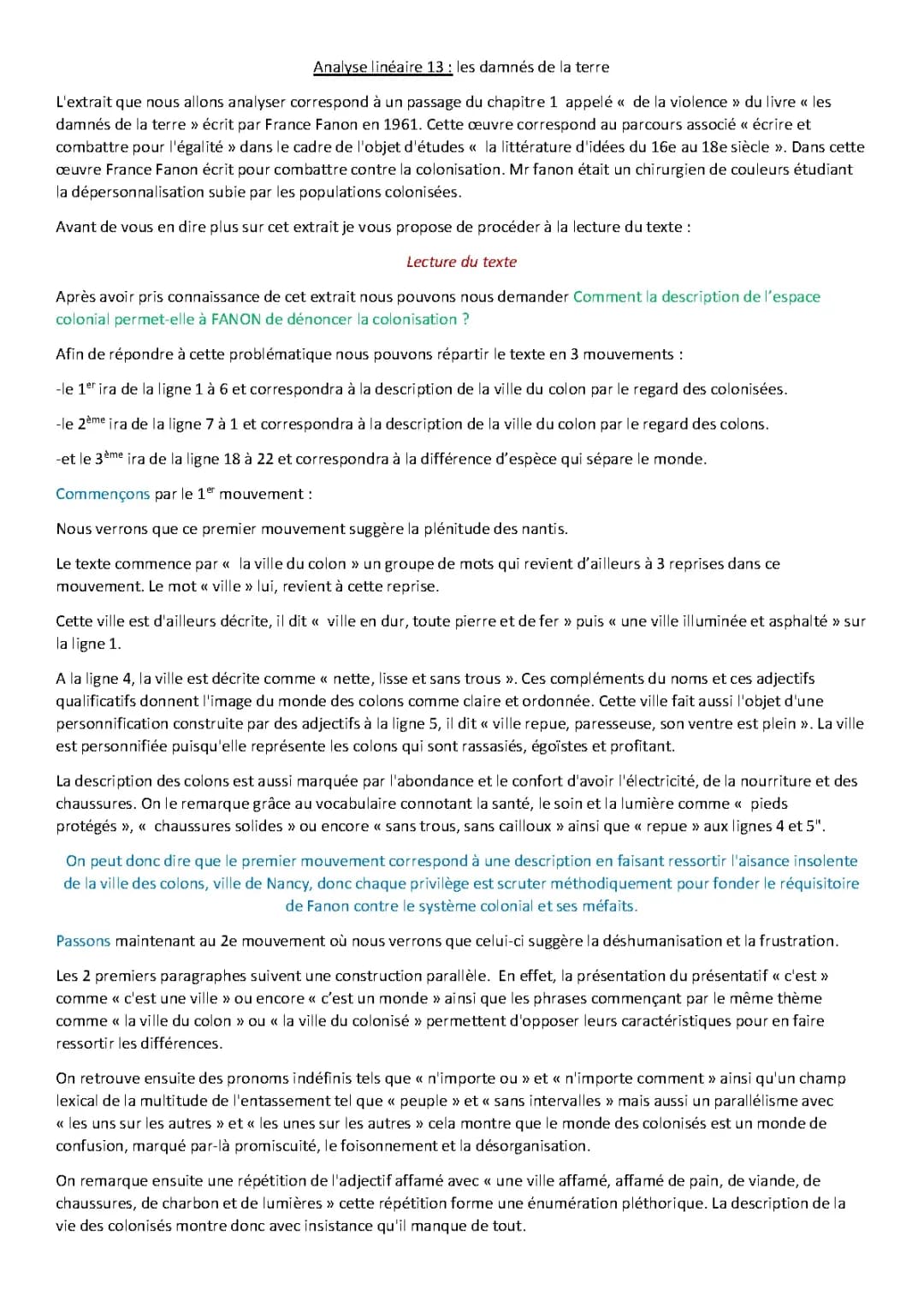 Analyse linéaire Les Damnés de la Terre de Frantz Fanon - Chapitre 1 et La ville du colon