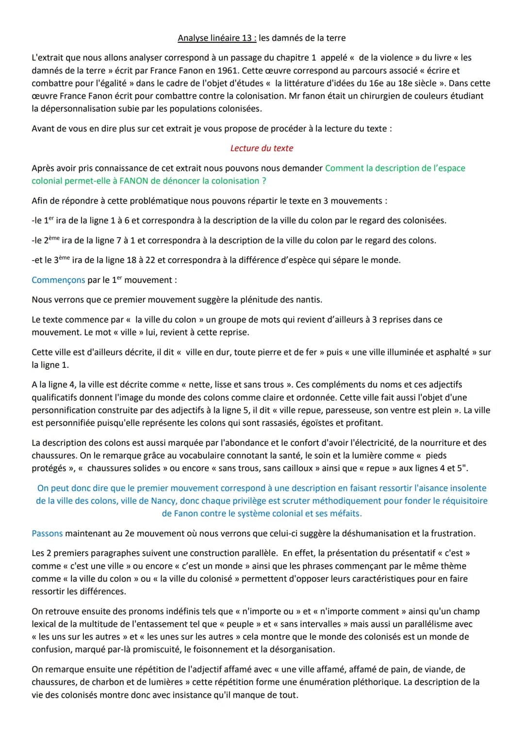 Analyse linéaire 13: les damnés de la terre
L'extrait que nous allons analyser correspond à un passage du chapitre 1 appelé « de la violence
