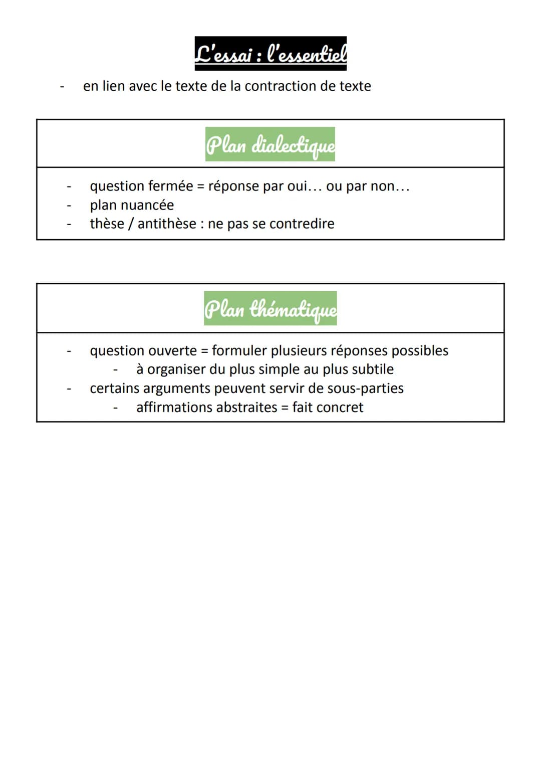 L'essai: l'essentiel
en lien avec le texte de la contraction de texte
Plan dialectique
question fermée = réponse par oui... ou par non...
pl