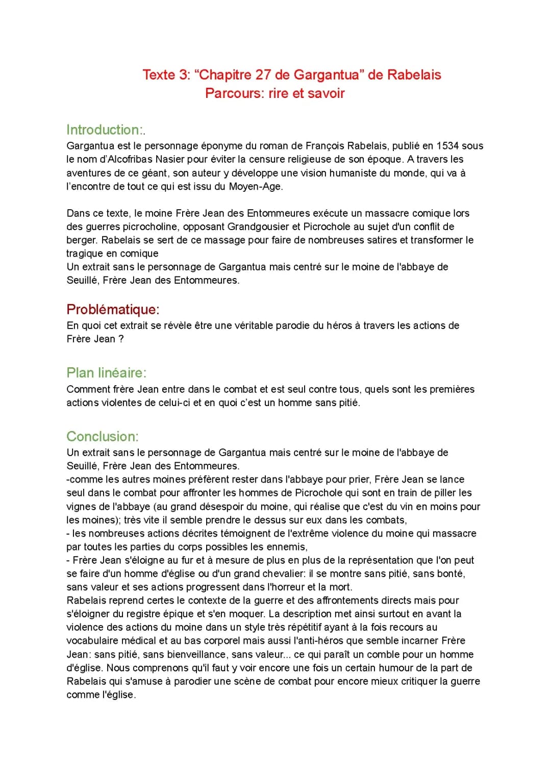 Analyse linéaire de Gargantua Chapitre 27 : Frère Jean des Entommeures et la guerre Picrocholine