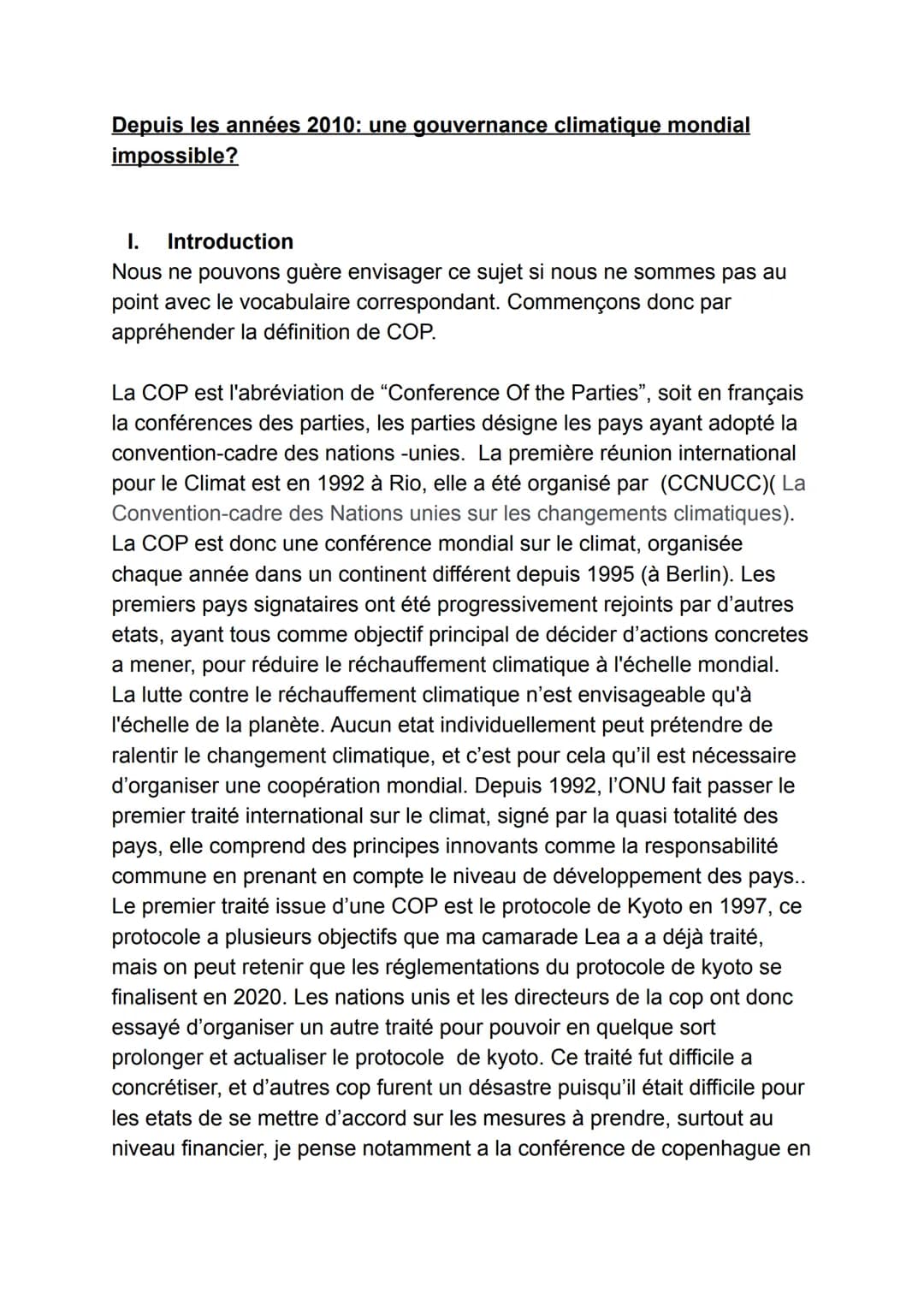 Depuis les années 2010: une gouvernance climatique mondial
impossible?
I. Introduction
Nous ne pouvons guère envisager ce sujet si nous ne s