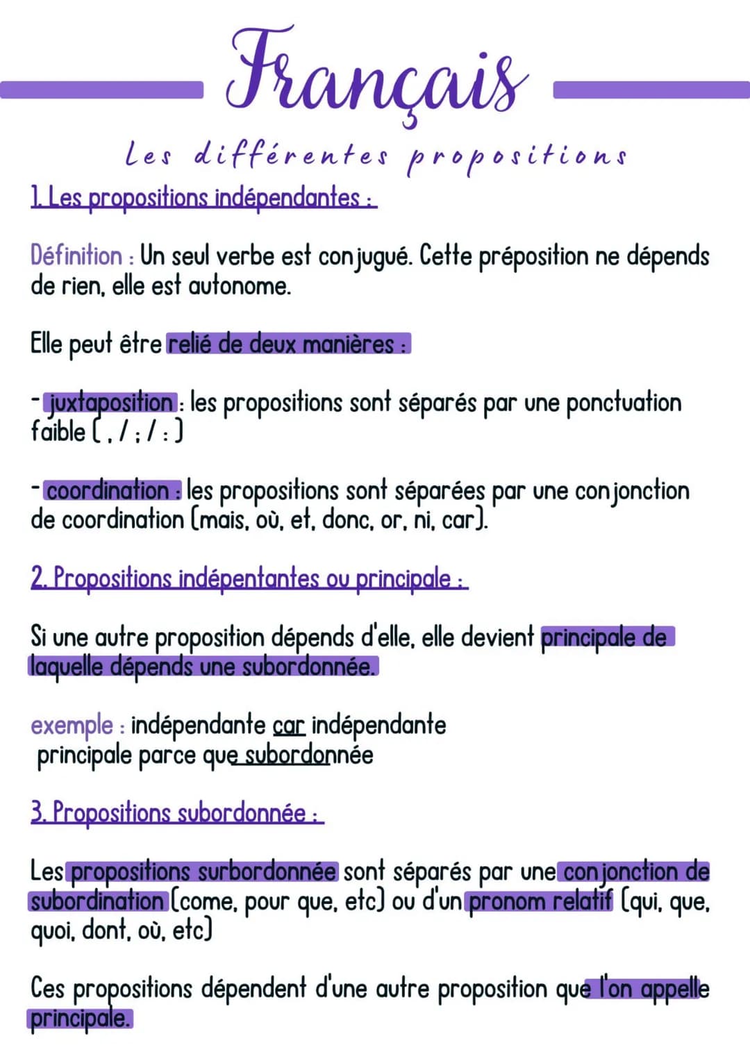Français
Les différentes propositions.
1. Les propositions indépendantes:
Définition: Un seul verbe est conjugué. Cette préposition ne dépen