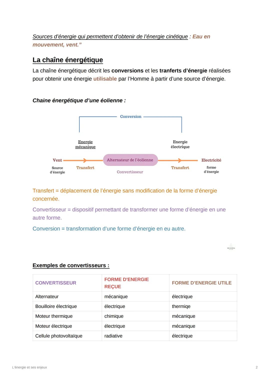 L'énergie et ses enjeux
Les sources d'énergie
• Une source (ou resérvoir) d'énergie
est un phénomène naturel, une
matière première à partir 