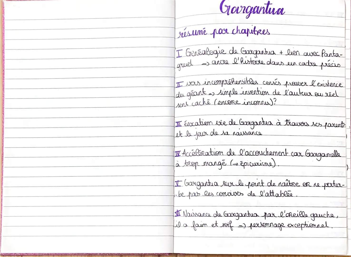 B
Gargantua
résumé par chapitres
I Genéalogie de Gargantua + lien avec Panta-
l'histoire dans un cadre précis
gruel
=> ancre
I vers incompré