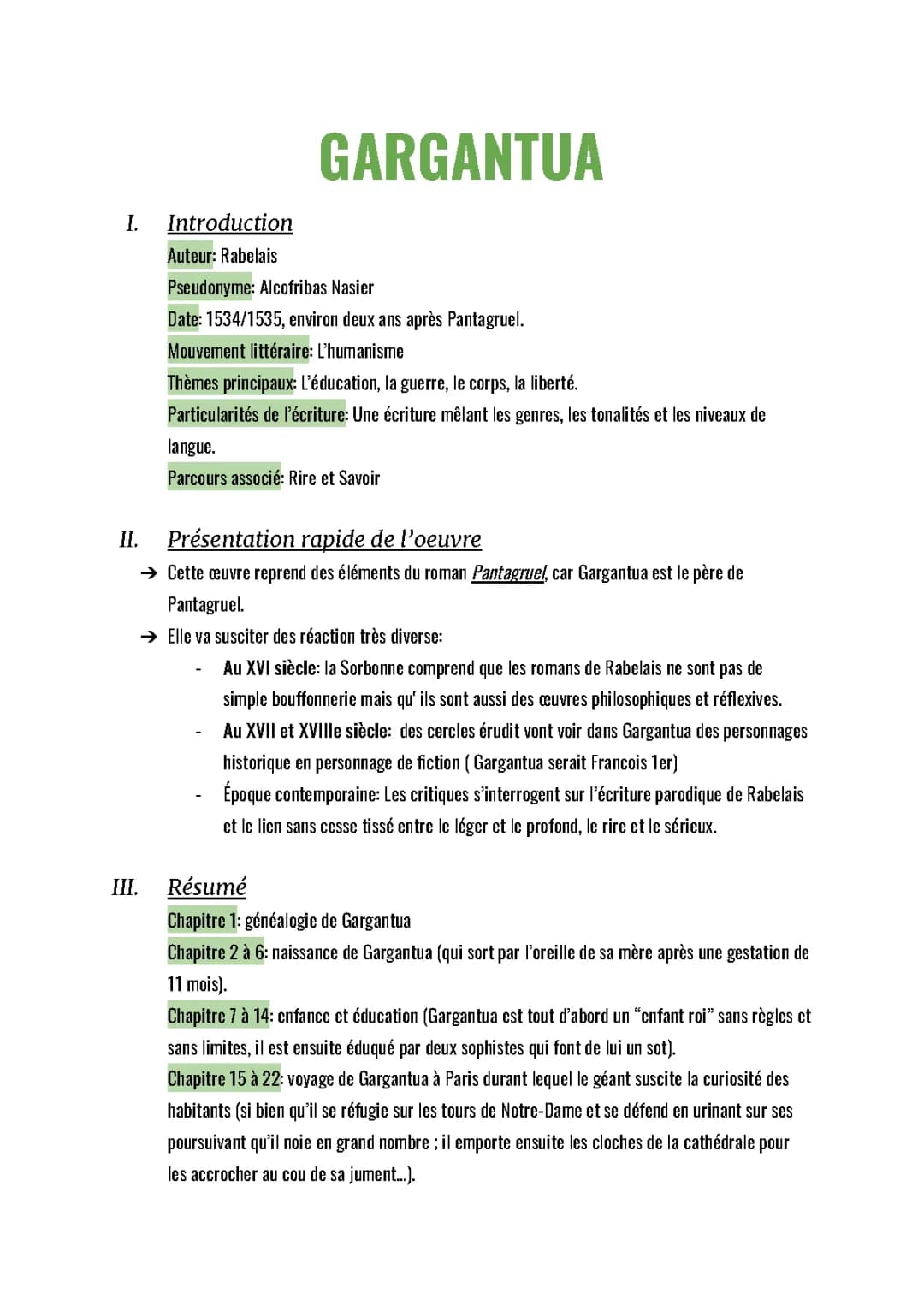 Fiche de lecture Gargantua PDF - Résumé et Dissertation pour le Bac de Français