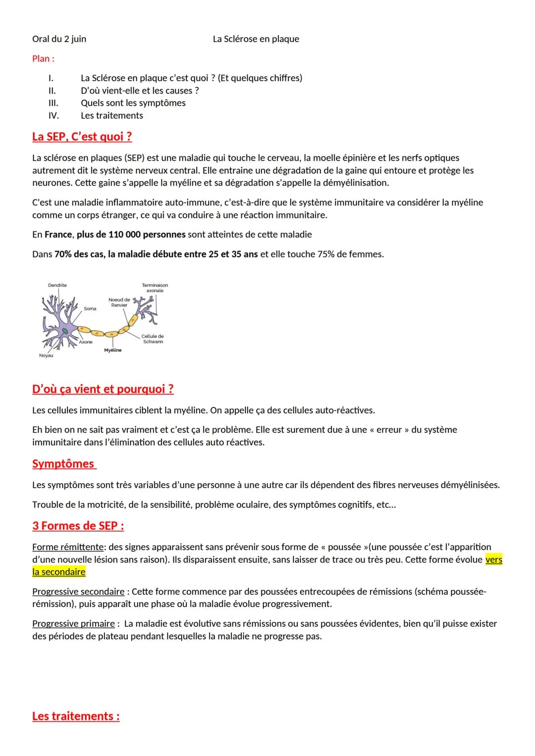 Oral du 2 juin
Plan :
I.
II.
III.
IV.
Dendrite
La Sclérose en plaque c'est quoi ? (Et quelques chiffres)
D'où vient-elle et les causes ?
Que