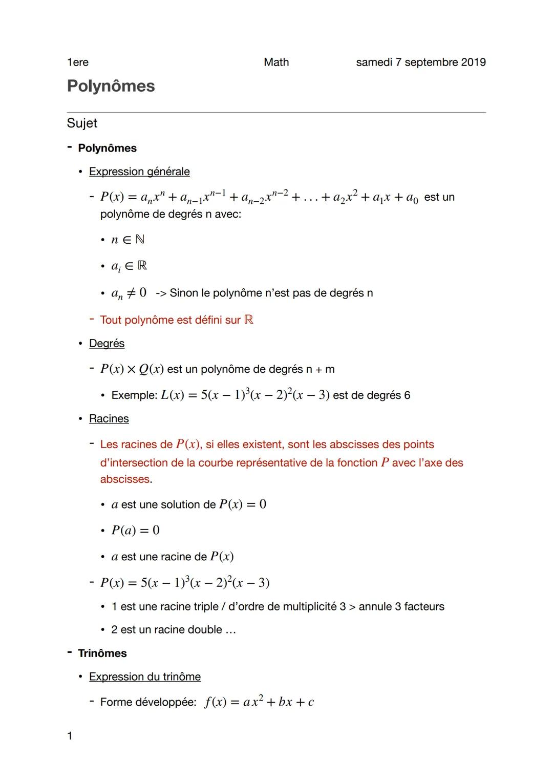 1ere
Polynômes
Sujet
Polynômes
1
●
●
•
Expression générale
P(x) = anx" + an-1x
+ An
polynôme de degrés n avec:
• NEN
• a; ER
• an #0 -> Sino